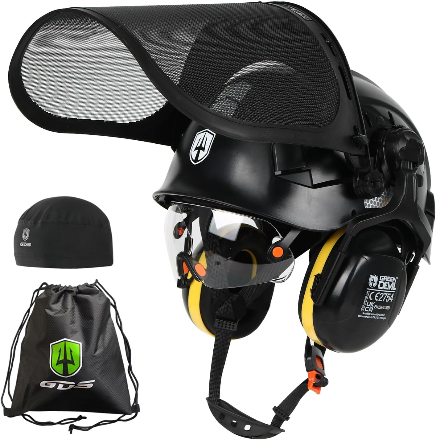 GREEN DEVIL Forestry Chainsaw Safety Helmet EN397 Certified - 5-In-1 System with Mesh Face Protection, Built-In Visor & Earmuffs - Ventilated, for Logging and Gardening - Unisex