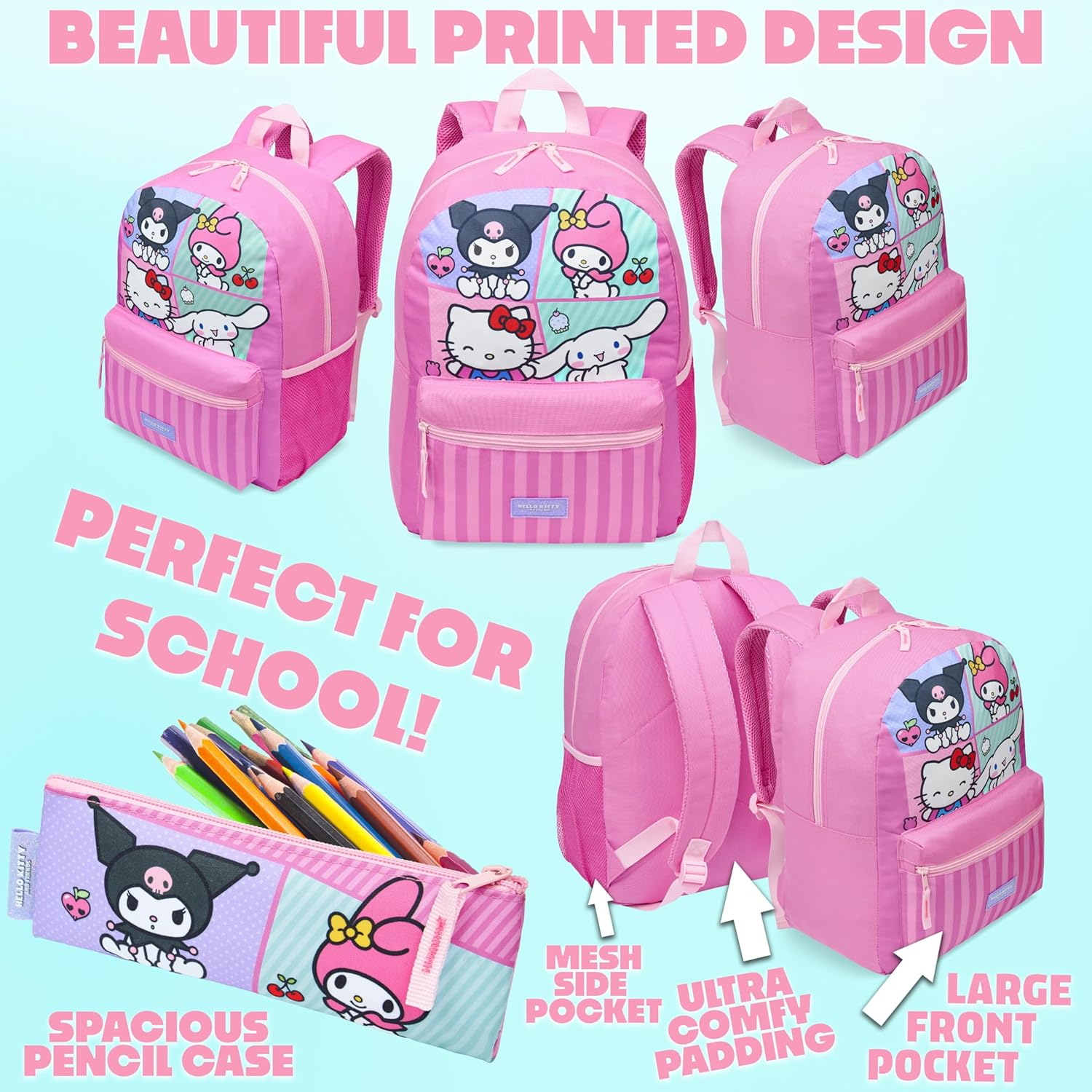 Hello Kitty Sanrio Backpack Set 4 Pcs Girls Water Bottle Pencil Case Insulated Lunch Bag Cinnamoroll Kuromi My Melody Teens Kawaii School Supplies image number 5