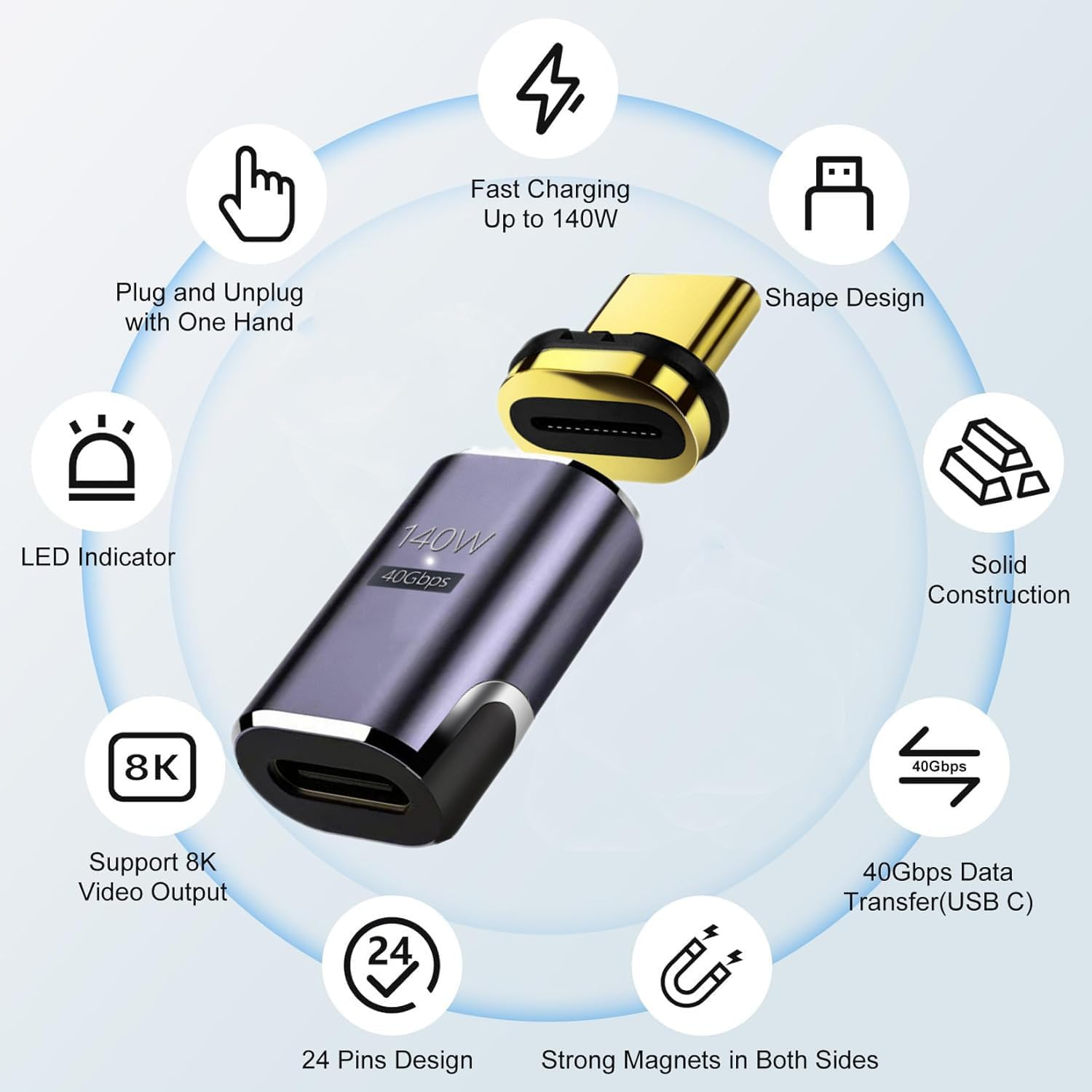 140W Magnetic USB C Adapter, USB C Male to USB C Female 40Gbps Connector for Steam Deck, Switch, Macbook Pro/Air, Laptop, Tablet, Mobile Phone and More Type C Devices image number 4