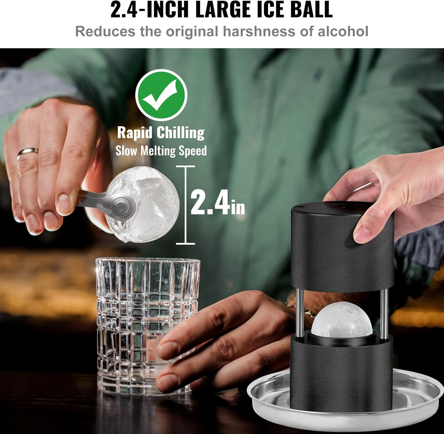 VEVOR Ice Ball Press, 6Cm Ice Ball Maker, Aircraft Al Alloy Ice Ball Press Kit for 60Mm Ice Sphere, Ice Press with Tong and Drip Tray, for Whiskey, Cocktail, Bourbon, Scot on Party & Holiday, Black image number 3