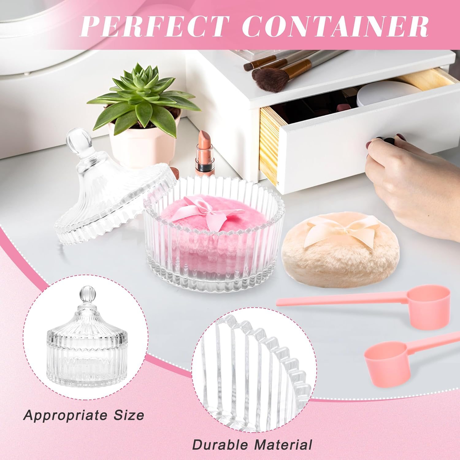 5PCS Body Powder Puff and Container, Coolrunner Crystal Clear Powder Container with Powder Spoon, Dusting Powder with Puff for Women, Washable Reusable image number 3