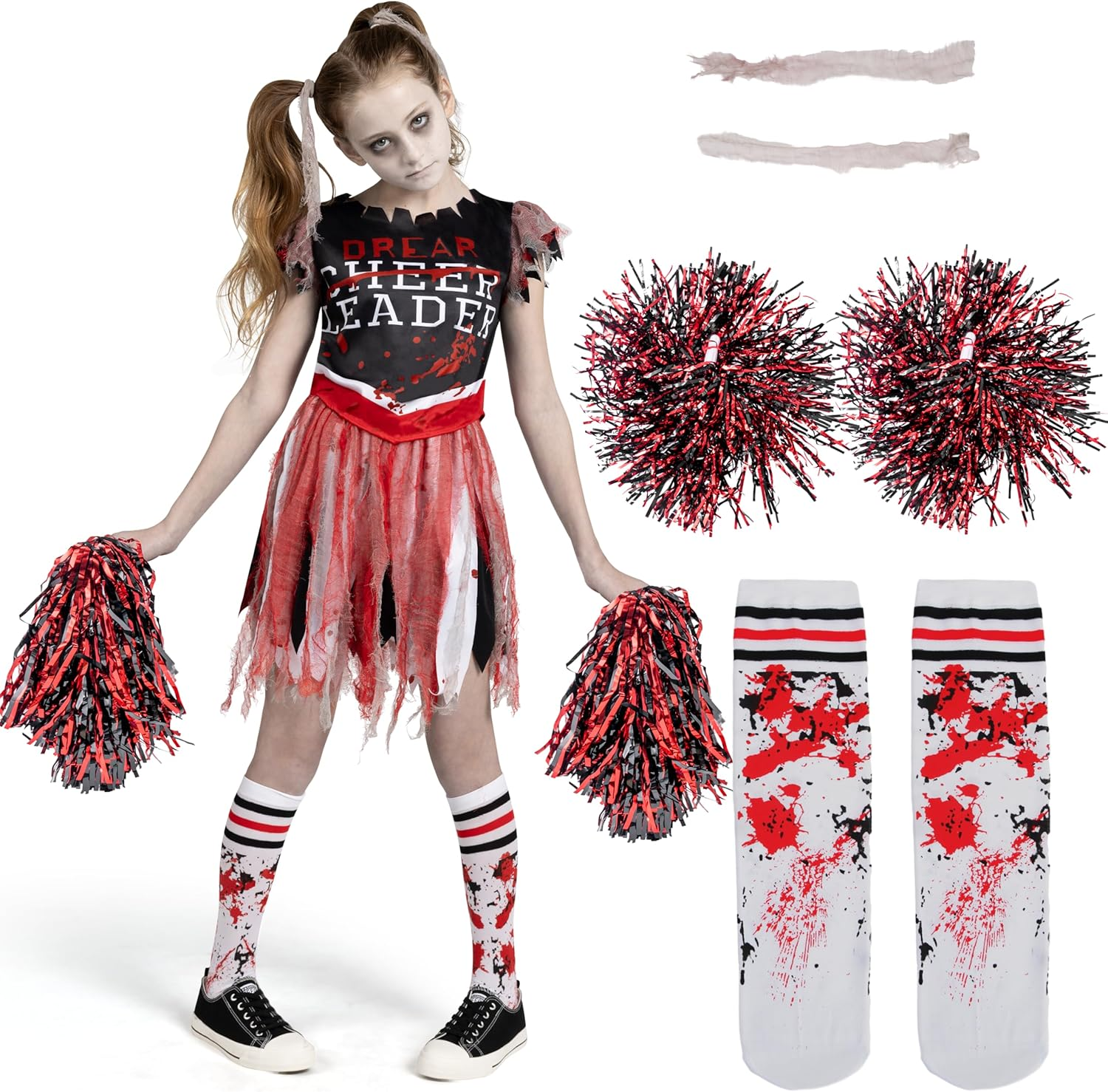 Spooktacular Creations Zombie Halloween Cheerleader Costume, Girls Scary Cheerleading Outfit for Halloween Role Play Parties