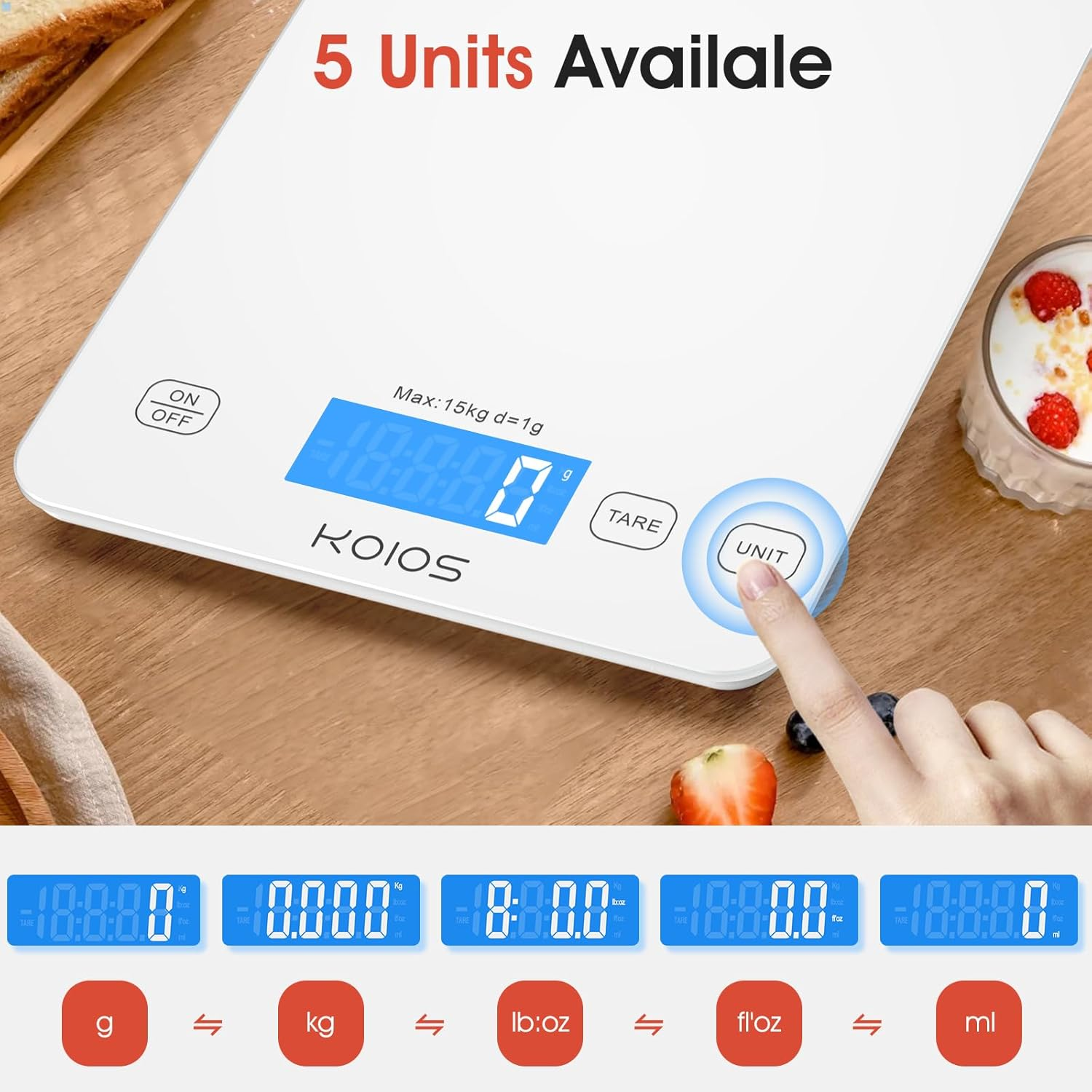 KOIOS Kitchen Scale, 33Lb/15Kg Digital Food Scales Weight in Grams and Ounces for Cooking Baking, 1G/0.1Oz Precise Graduation, Batteries and Type-C Charging, Tare Function, LCD Display, White image number 6
