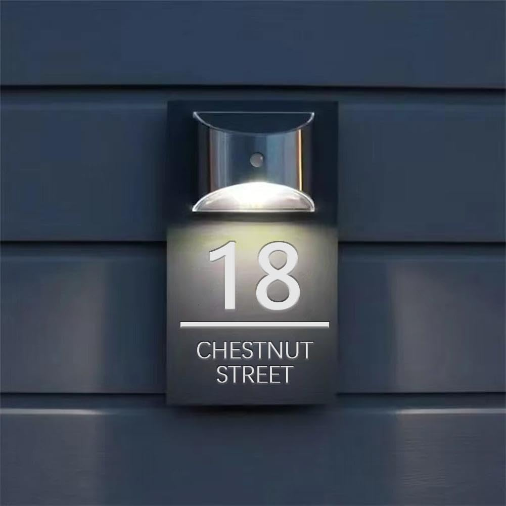 Custom Solar House Sign, Personalised House Number with Solar Light, Leddoor Name Plaque, Modern Door Number Plaque, Light up Door Plaque Address Sign for Houses/Yard
