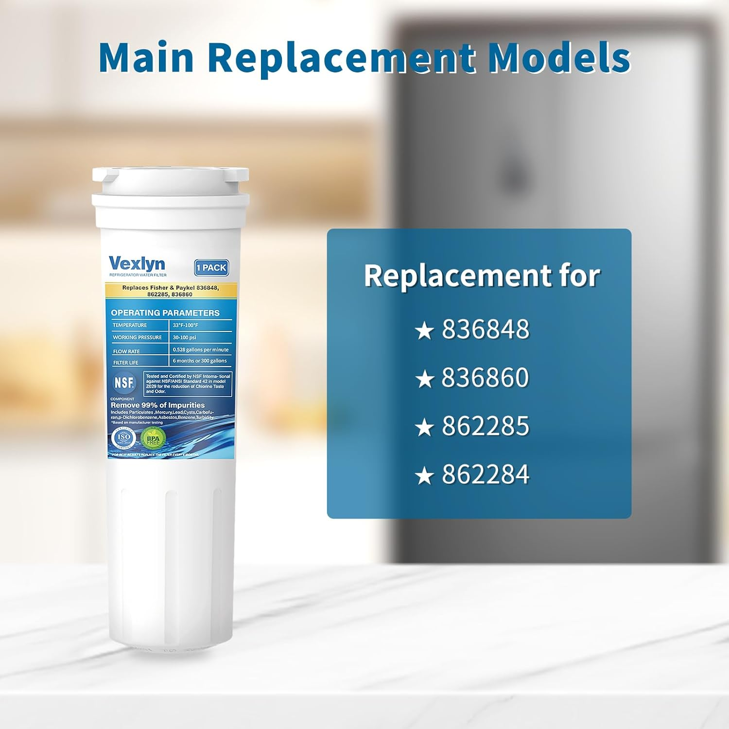 836848 Refrigerator Water Filter Replacement for Fisher&Paykel 836860,862284,862285,E404Brxfdu,Eff-6017A,E522B,E402B,E442B,Rf90A180Du,Ps2067635,Rf402B,Wf60,Wf296,Pack of 2