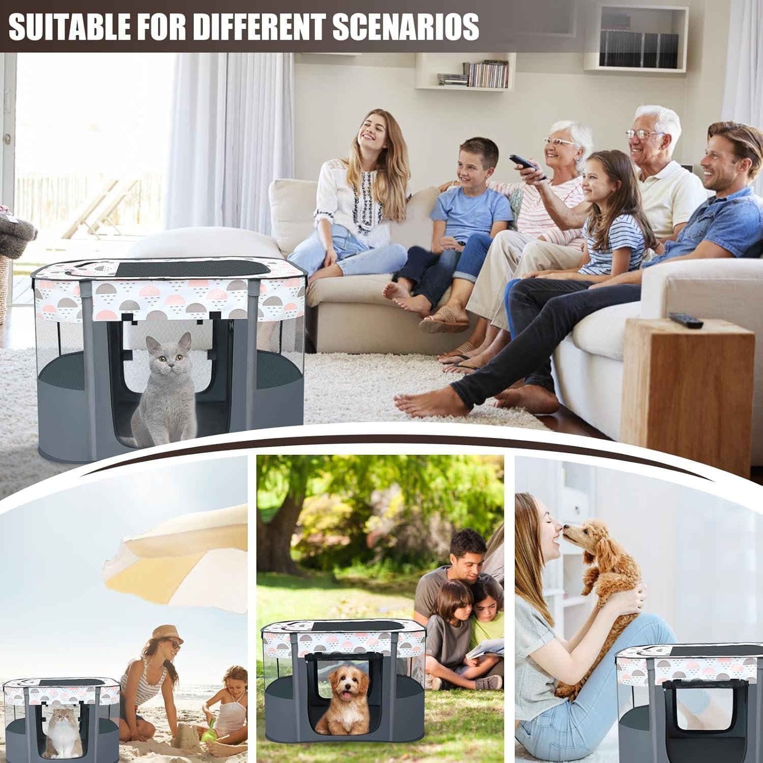 Portable Pet Playpen,Dog Play Pen Indoors,Foldable Dog Cat Tent with Carry Bag for Puppy Kittens Rabbits,Puppy Crate Pet House for Outdoor Travel Camping Use (Large) image number 4