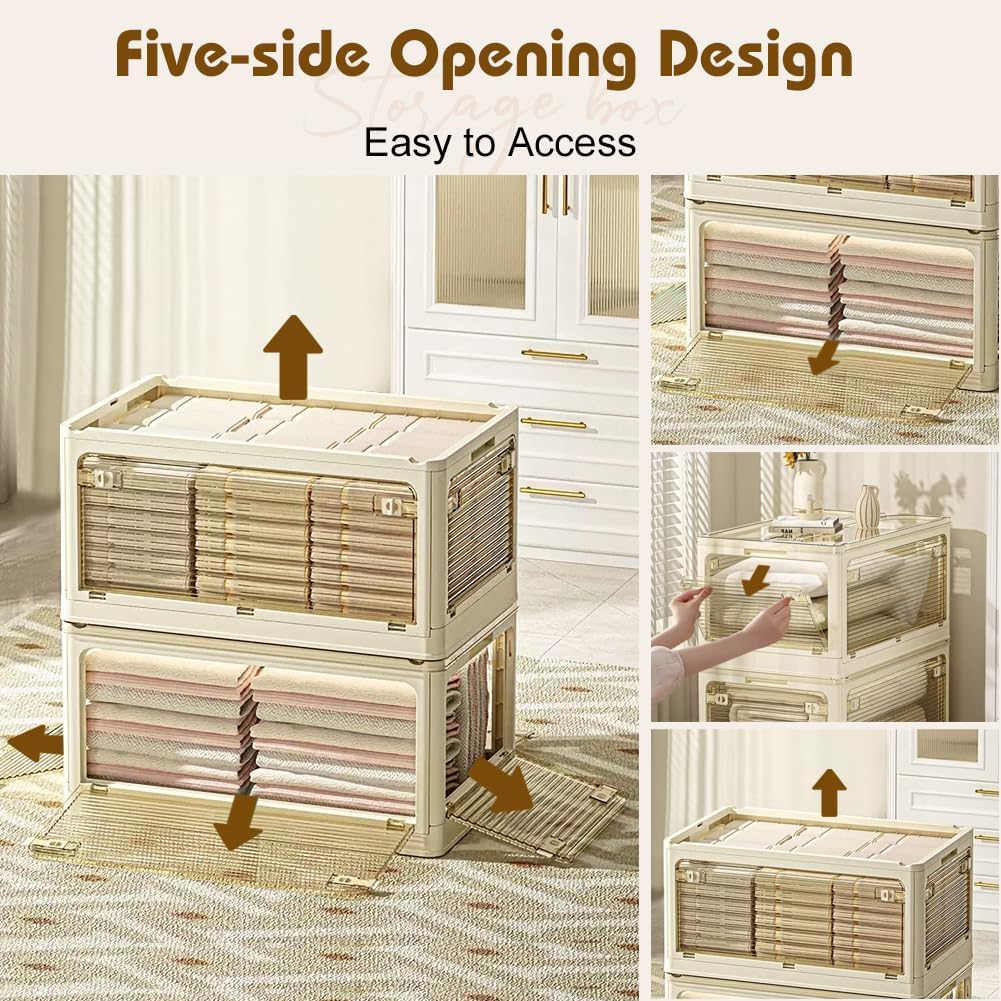 3 Pack Collapsible Storage Bins with Lids, 40L Stackable Storage Bins for Closet Organizers Plastic Clothes Organiser Container with Wheels Book Organizer for Home Office Dorm image number 2