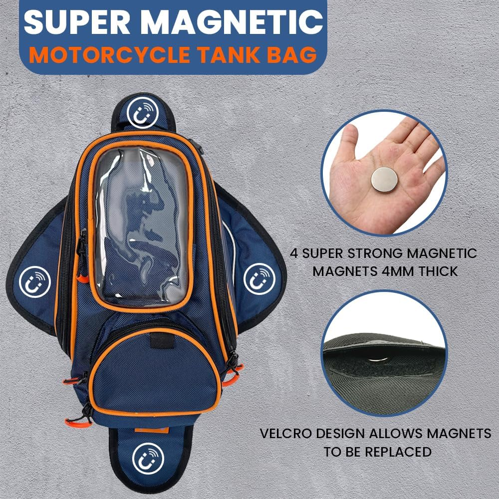Reygeak Motorcycle Tank Bag，Waterproof, with Super Magnetic Thickened Magnet Blue Orange 1680D PVC Petrol Tank Bag, Large Window Cell Phone Bag, Suitable for Suzuki Kawasaki Honda Harley Yamaha. image number 4
