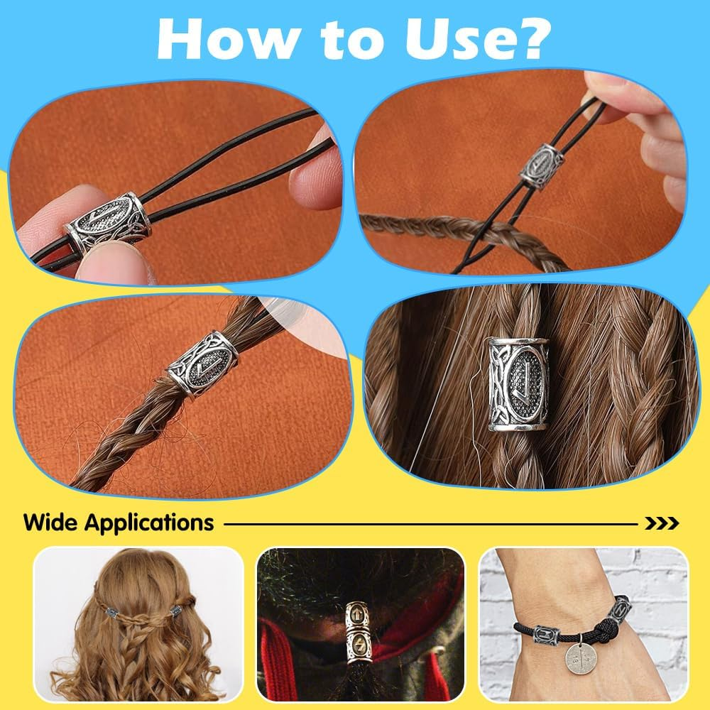 DECARETA Beard Beads for Men,24 Piece Vikings Runes Beads Norse Dreadlock Beads Hair Tube Beads with Rubber Bands,Plastic Bun Curler Pull Hair Pin Quick Beader with Pouch for Men Women Braiding Ties, image number 2