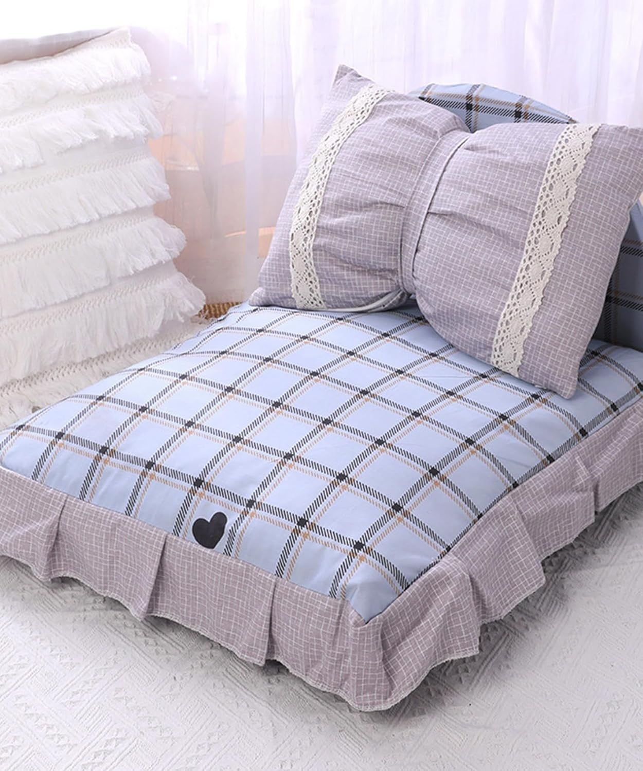 Pet Bed, Fluffy, Cute, Dog, Cat, Stylish, Square, All Seasons, Pet Sofa, Pet, Cushion, Pillow, Princess-Style, Ruffle, Pet Bed with Princess-Style Pillow (Blue)