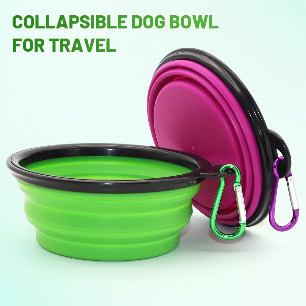 Collapsible Dog Bowl, 2 Pack Collapsable Dog Water Bowls for Cats Dogs, Portable Pet Feeding Watering Dish for Walking Parking Traveling with 2 Carabiners (Small, Green+Purple) image number 2