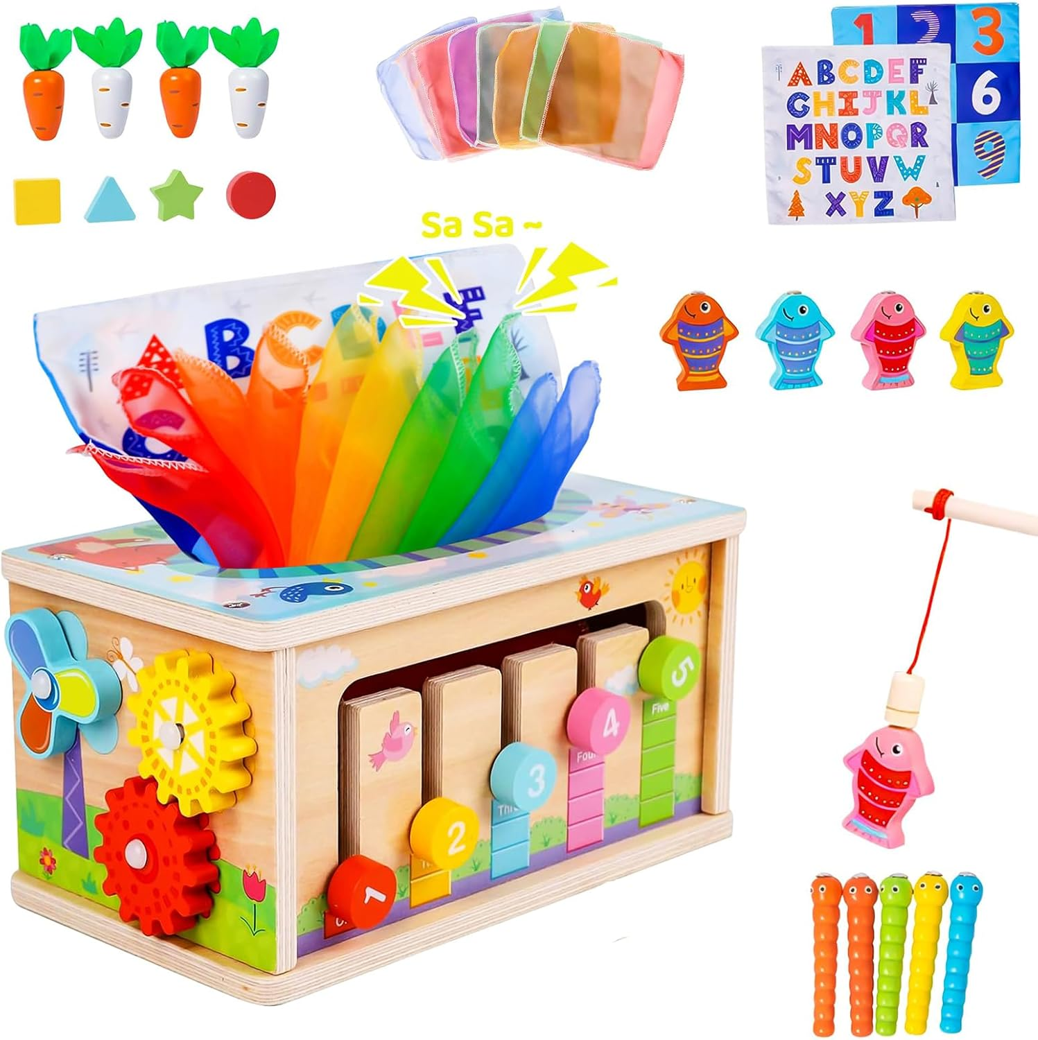 6-In-1 Montessori Tissue Box Toy for 3+Yrs Old Baby, Wooden Activity Cube, Puzzles 36+ Months, Sensory Toys for Toddlers, Montessori Toys, Wooden Developmental Toys for Babies image number 4