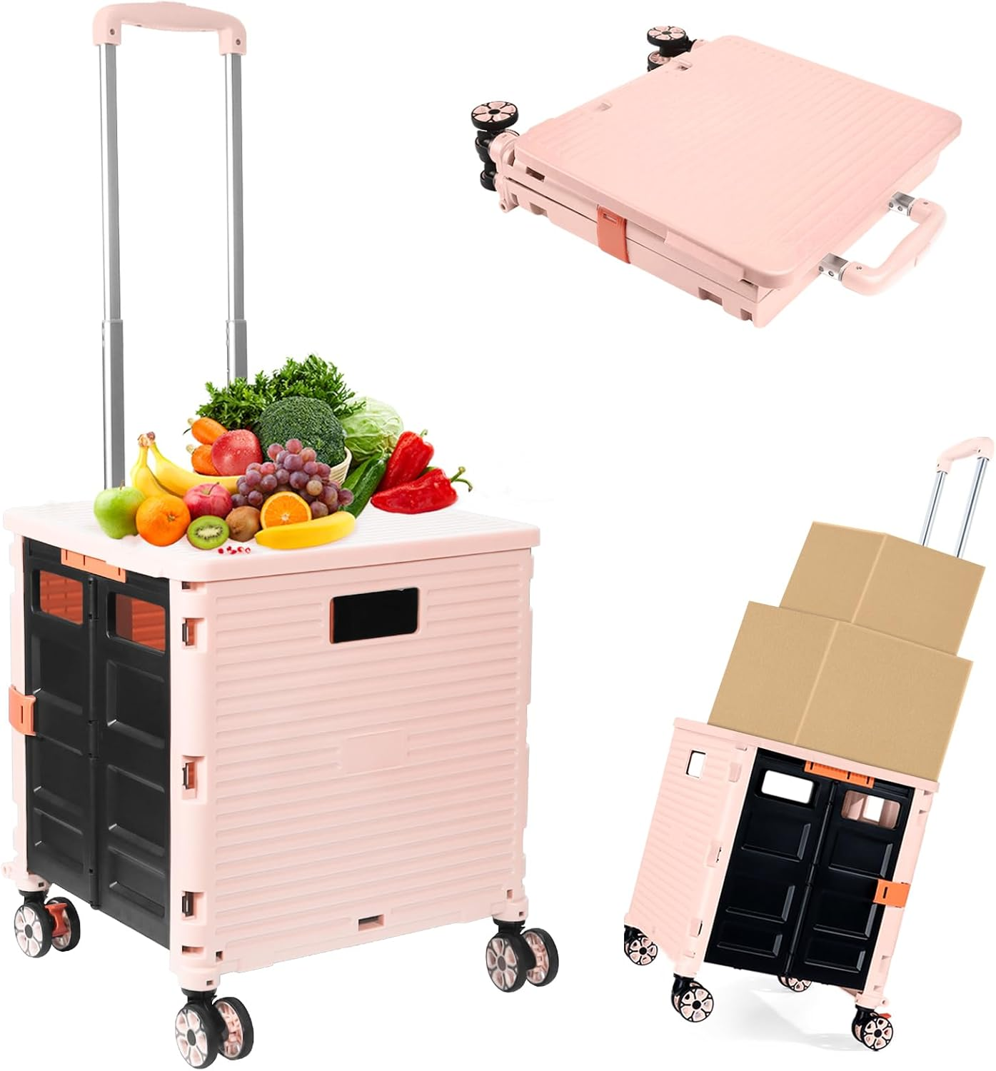 Foldable Utility Cart Folding Portable Rolling Crate Handcart Shopping Trolley Wheel Box with Lid Wear-Resistant Noiseless 360&deg;Rotate Wheel for Travel Shopping Moving Storage Office Use (Pink) image number 5