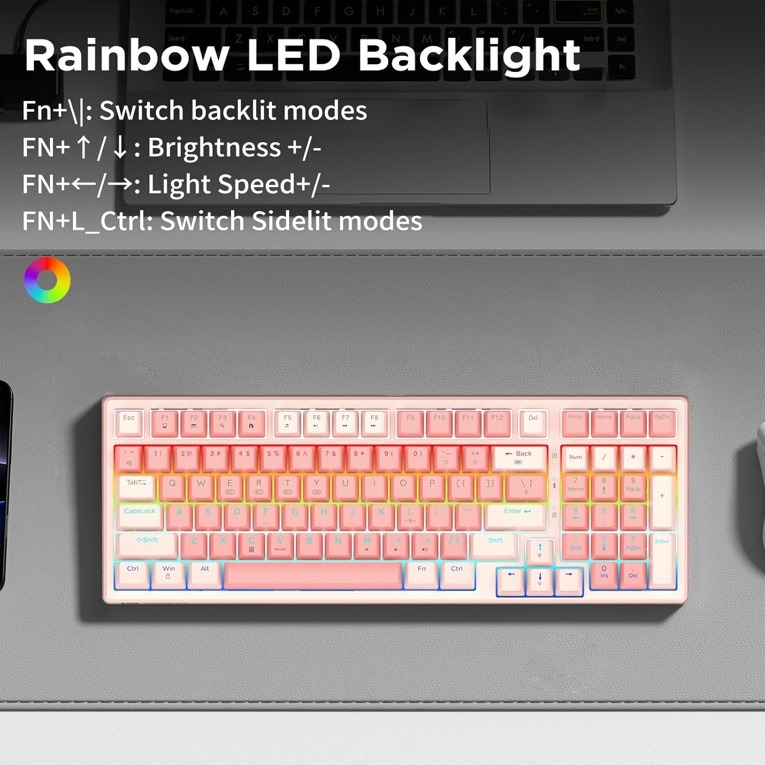 HUO JI 96% Wireless Mechanical Keyboard, Hot Swappable, Pre-Lubed Blue Switches, Gasket Structure, Bluetooth/2.4Ghz/Usb-C, Led Backlit, PBT Keycap Custom Gaming Keyboard for PC (Pink) - Pink image number 5