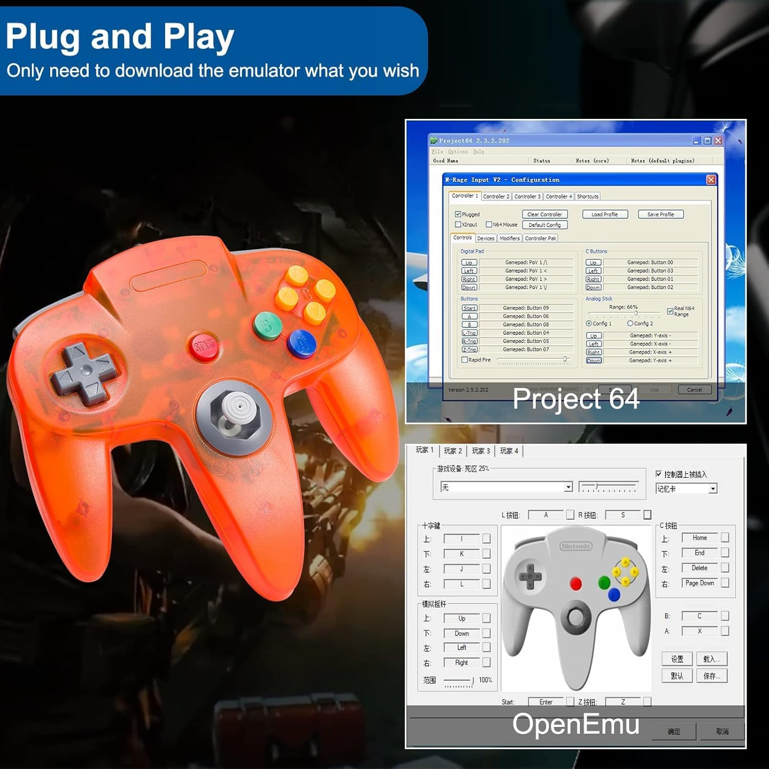 Retro N64 USB Controller, N64 Remote Wired USB Game Emulator Controller for Windows XP 7 8 11& MAC & Retropie (&zwnj;Transparent Orange&zwnj;) - Transparent Green image number 6