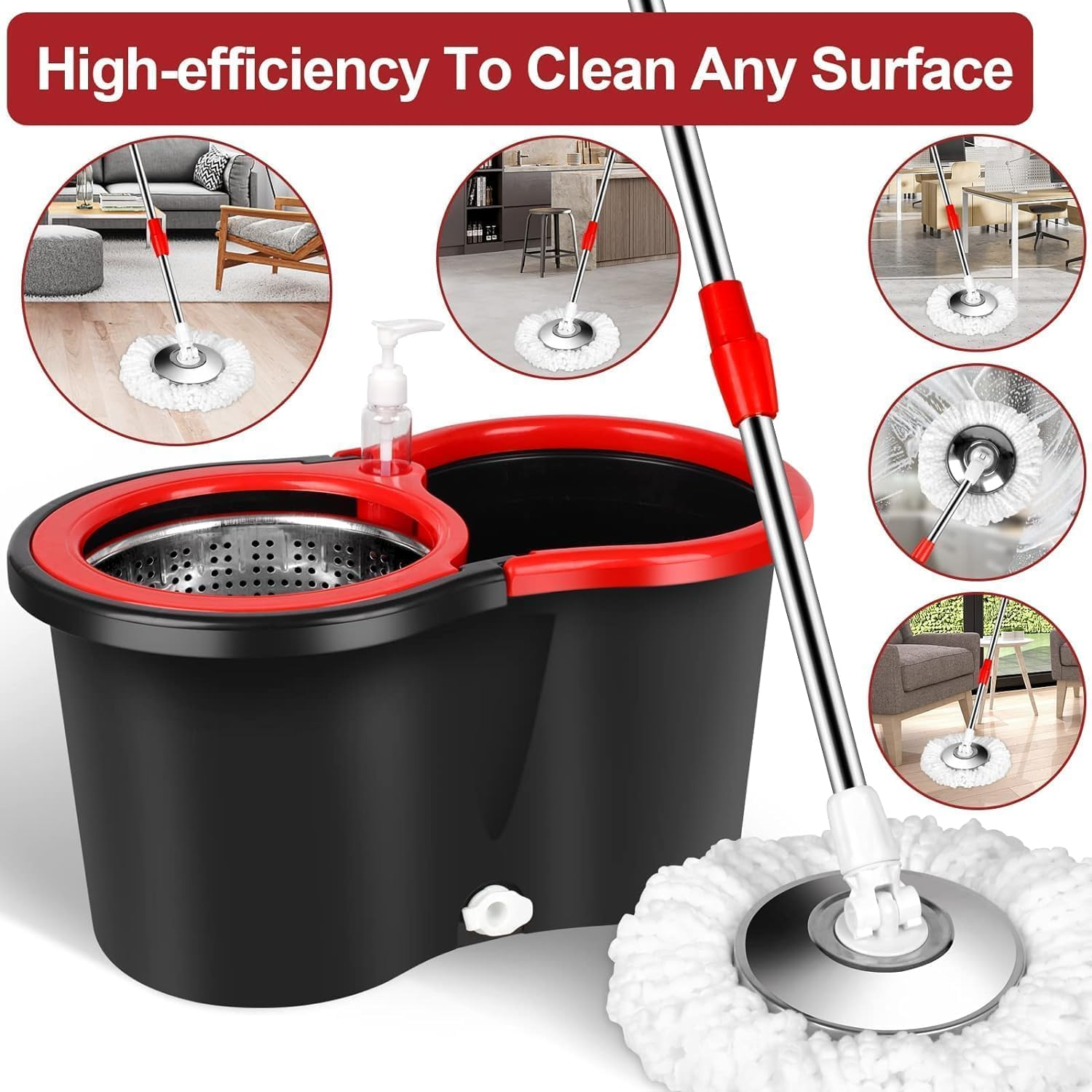 Mop and Bucket with Wringer Set, 360&deg; Spinning Mop Bucket System with 5 Microfiber Mop Replacement Heads and Stainless Steel Adjustable Handle for Floor Cleaning,Black image number 1