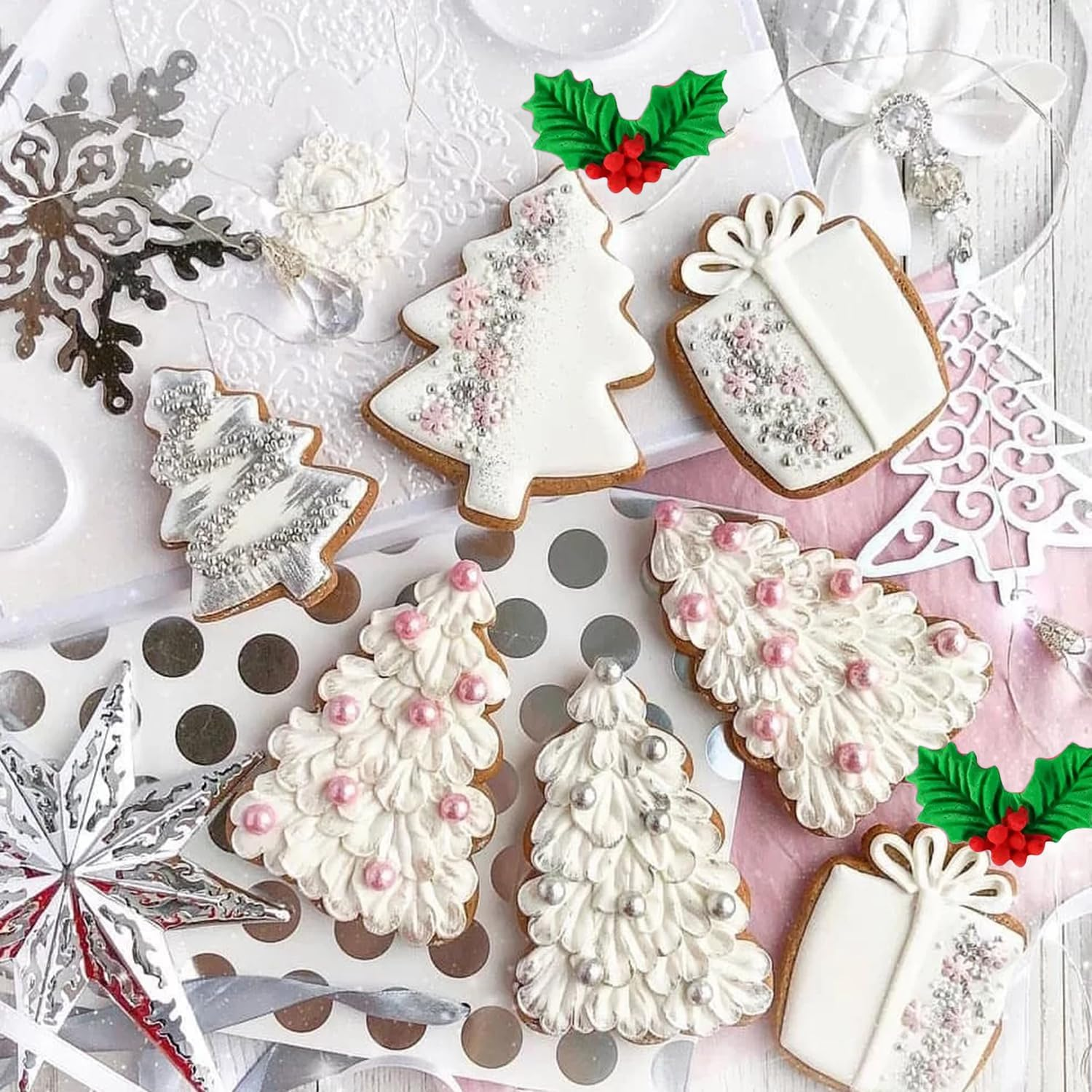 Christmas Silicone Mould Hollyhock Leaves Fondant Mould for Decorating Sugar Cakes Cupcake Topper Polymer Clay Candy Chocolate Gum Paste Set of 4 image number 3