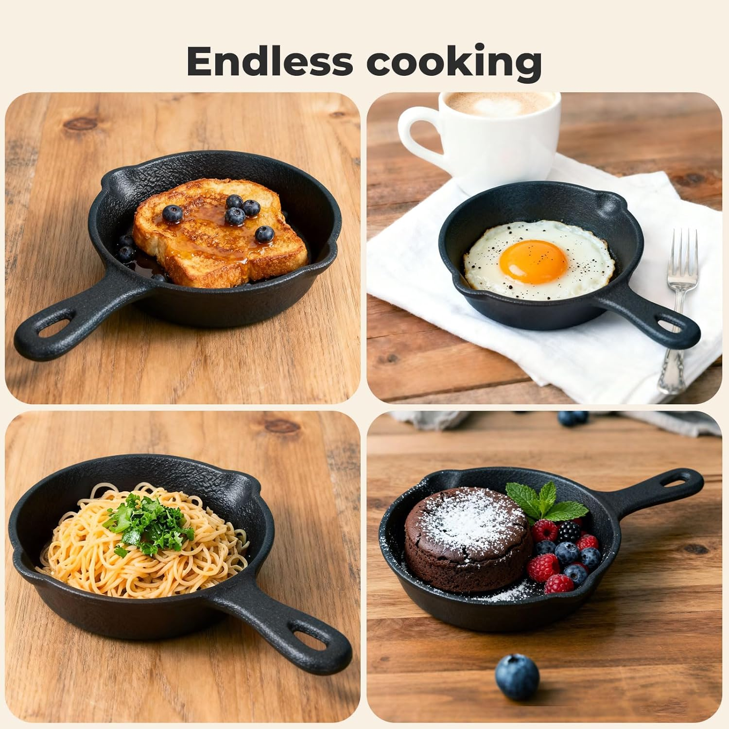 TOQUE 4 Pack Mini Cast Iron Skillet, 4" Small Frying Pans with Handles and Double Drip-Spouts, Non-Stick Pre-Seasoned Small Skillets for Baked Cookie, Brownie, Cooked Eggs, for Stove, Oven, Grill Safe image number 4