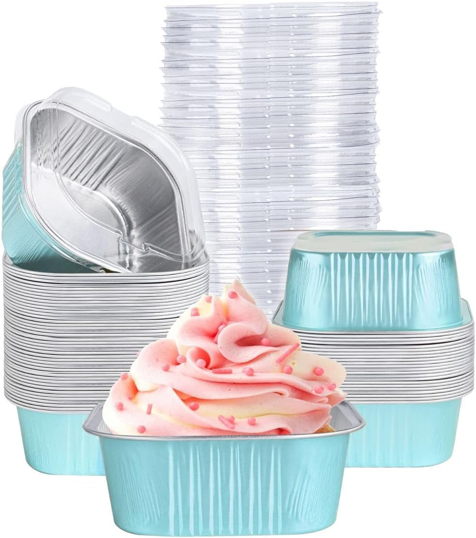 40 Pack Mini Cake Pans with Lids, 5Oz Square Aluminum Foil Brownie Baking Cups, Muffin Tin Ramekins, Disposable Dessert Cupcake Cups for Wedding Birthday Party, White