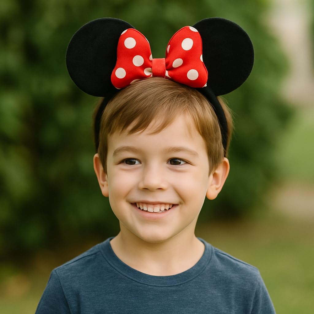 Mouse Ears Headband with Red Polka Dot Bow &ndash; Kids Costume Hair Accessory for Fancy Dress, Cosplay, Birthday Parties &ndash; Available in a 1, 3 or 5 Pack Set
