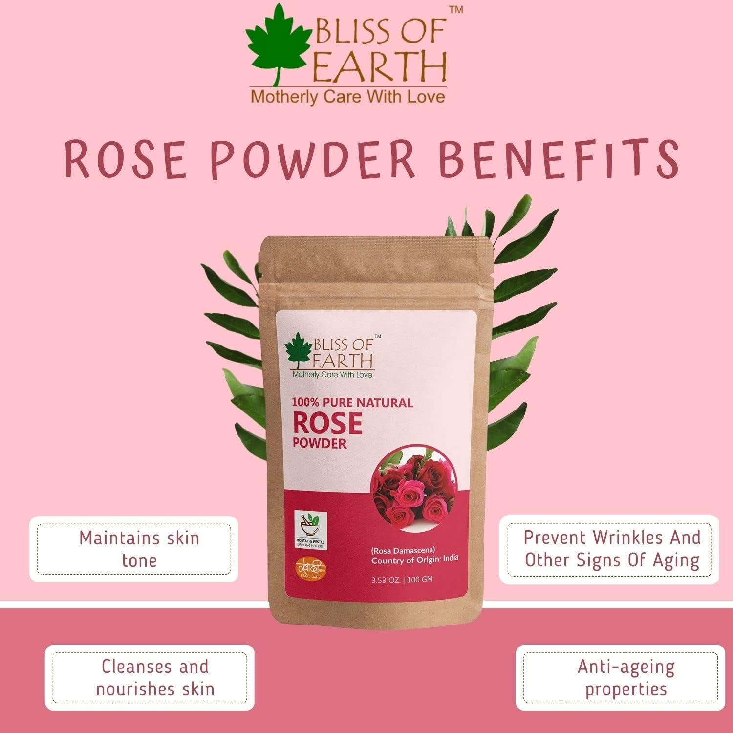 Bliss of Earth? 100% Pure Natural Rose Petals Powder | 100GM | Great for Face & Skin image number 2
