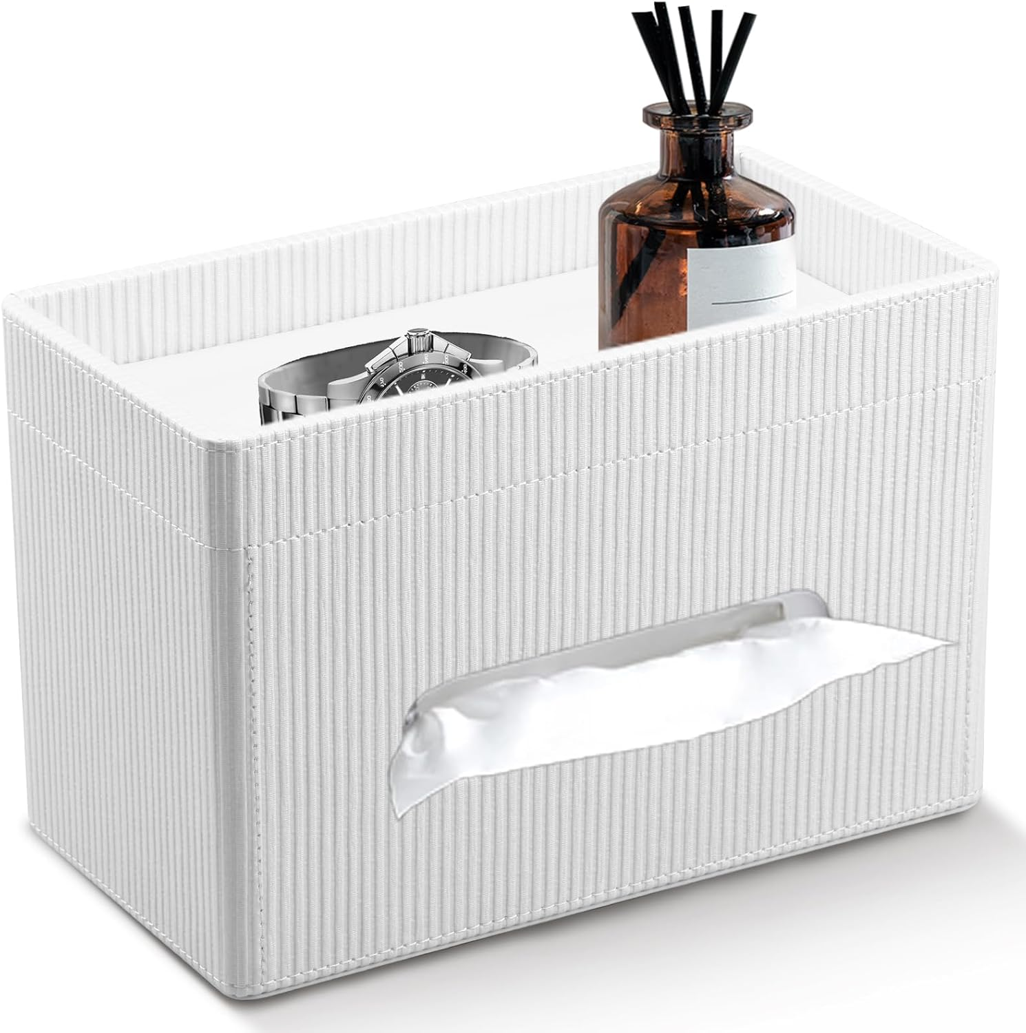 Rectangular Tissue Box Cover Tissue Box Holder with Storage Tray 2 Tier PU Leather Facial Paper Organizer Modern Tissue Holder Decorative Organizer for Bathroom Bedroom Office Desk (White, 1Pc)