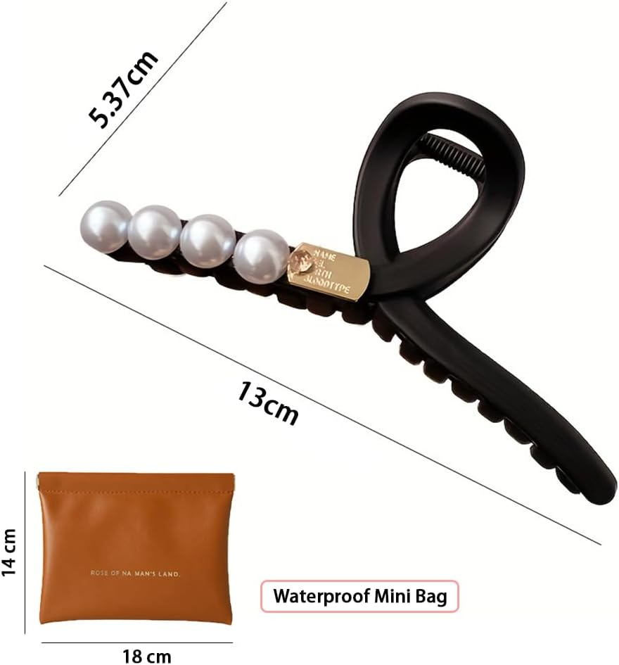2 Pack Large Pearl Hair Claw Clips for Women - Strong Hold, Nonslip, Jumbo Hair Accessories for Thick, Thin, Curly Hair - Black and Brown Hair Clips with Storage Bag image number 2
