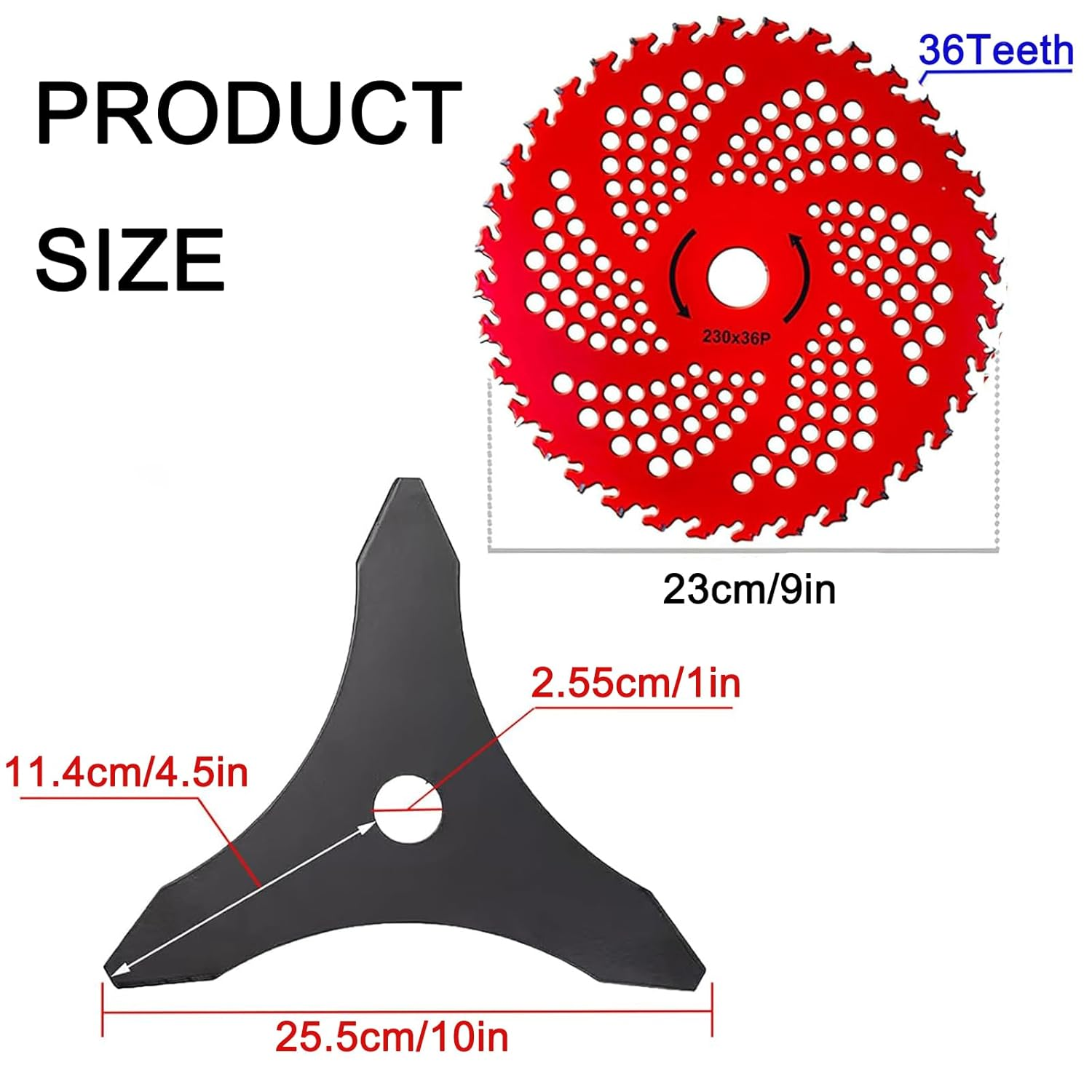 9" 36-Tooth & 10" 3-Tooth Brush Cutter Blade Set with Universal Adapter - Carbide Steel & Carbon Steel Trimmer Blades image number 2
