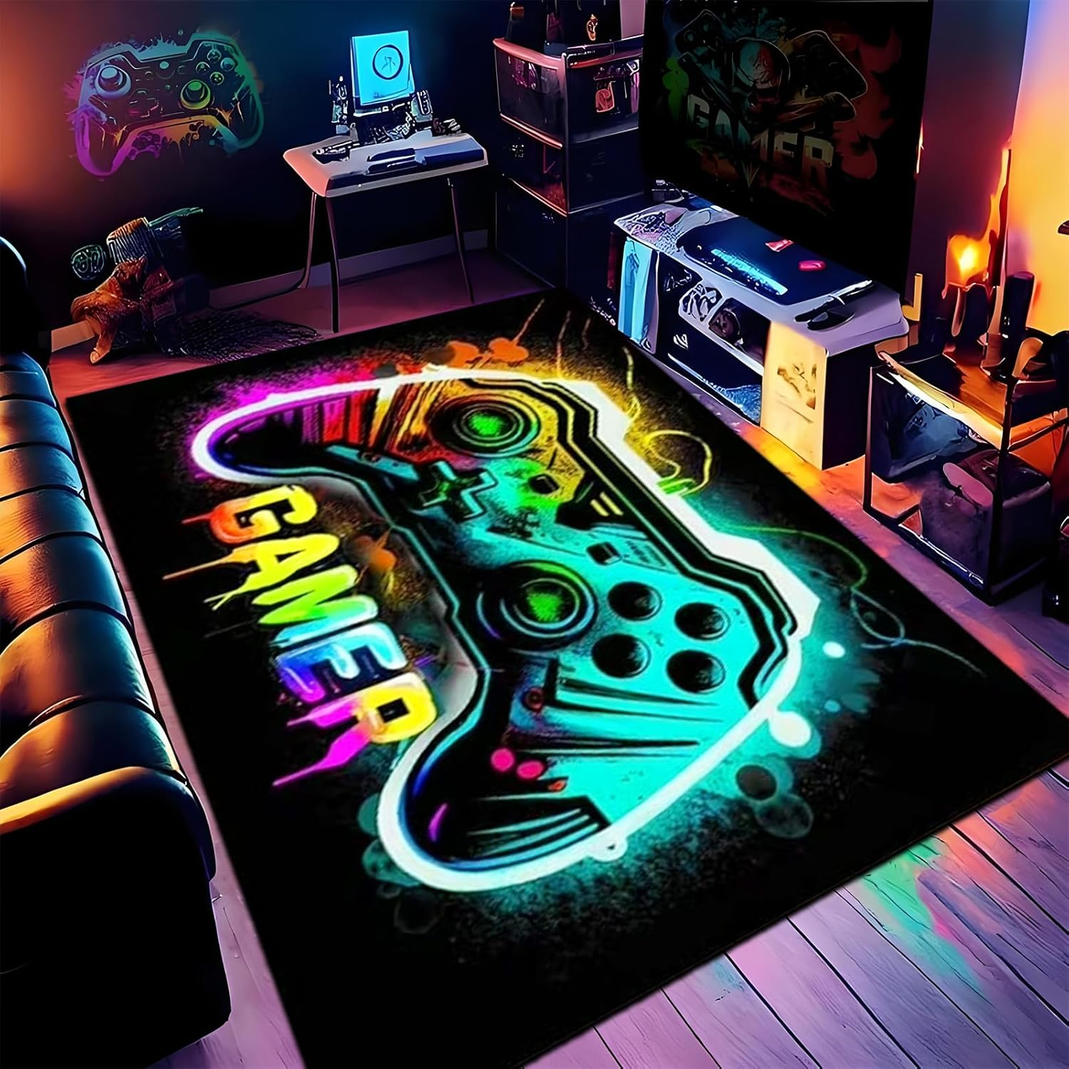 Gaming Area Rug for Boy Room, Extra Large Non-Slip Gamer Play Mat for Playroom, 3D Colorful Gamers Have Fun Activity Centerpiece Playmat Floor Carpet for Kids Gaming Room Decor (Gamer 5, 200X300Cm)