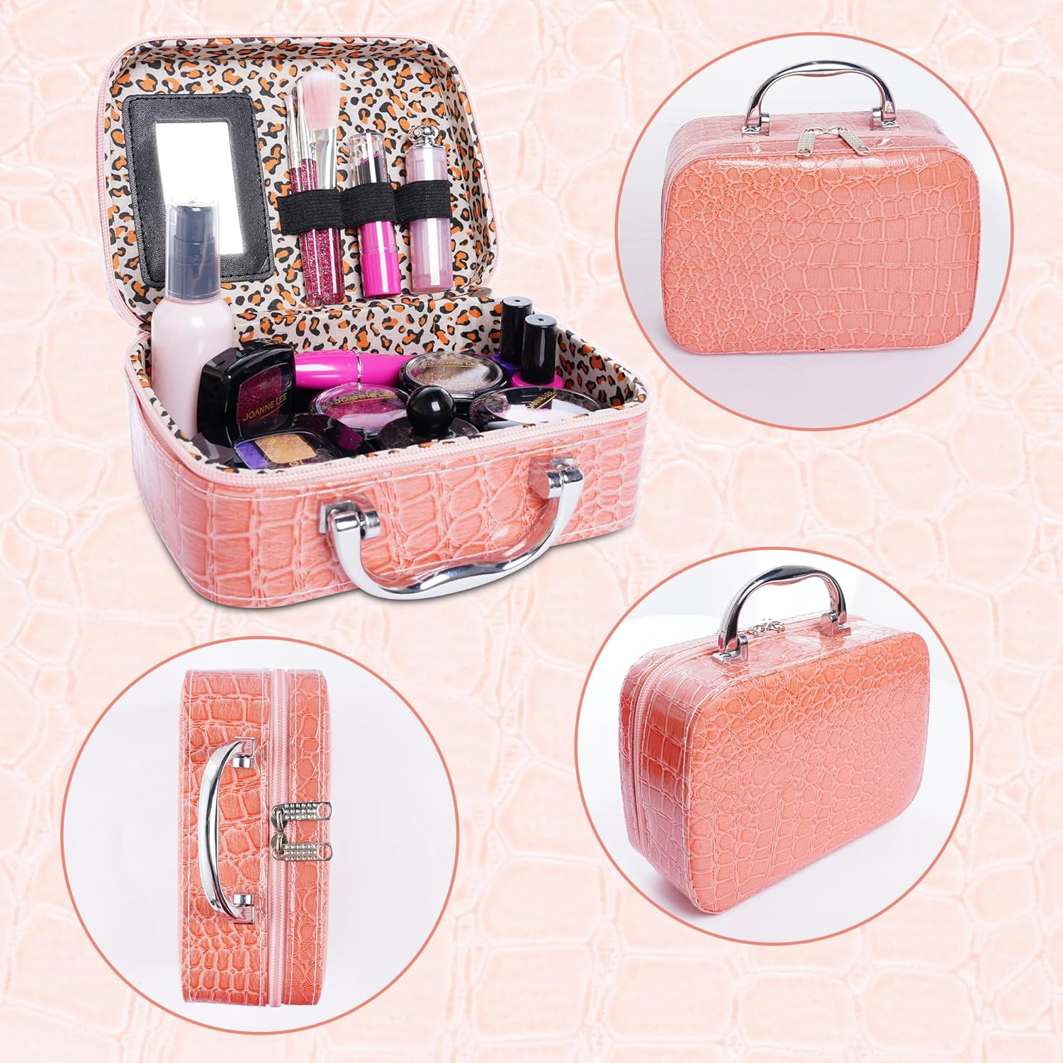 Pretend Makeup Kit for Girls Kids Pretend Play Makeup Set with Exquisite Leather Bag and Gift Box for Birthday Christmas Age 3+ (Not Real Makeup) (21Pcs Pink Kit)