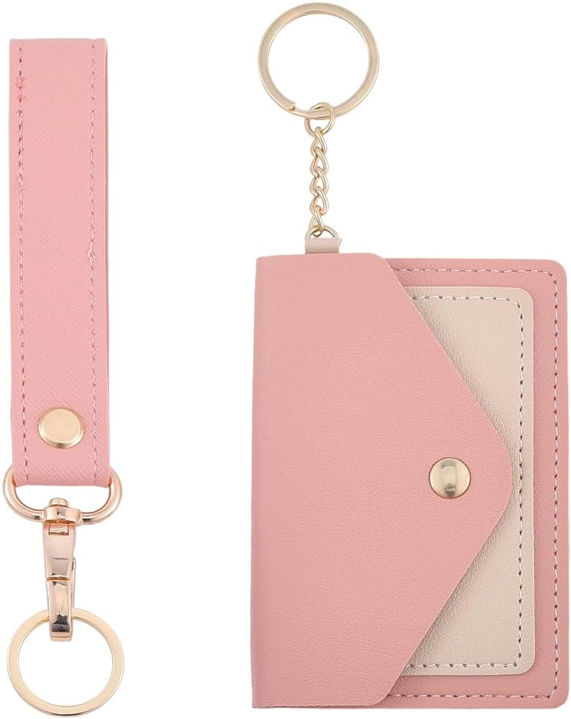 SUNNYCLUE 1 Box 2 Sets Pink Leather Wristlet Keychain Cute Key Chain Wallet Cute 2Pcs Wrist Landyard Strap 2Pcs Card Bags Hloder Keyring for Women Purse Car Fob Door Keys Accessories Adults No Lost image number 2