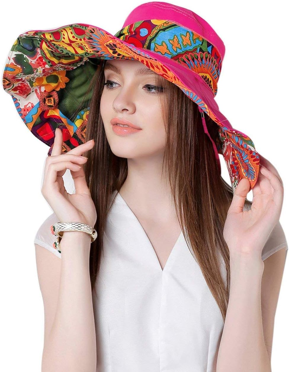 Women'S Foldable Floppy Reversible Travel Beach Sun Visor Hat Wide Brim UPF 50+ - Beige image number 6