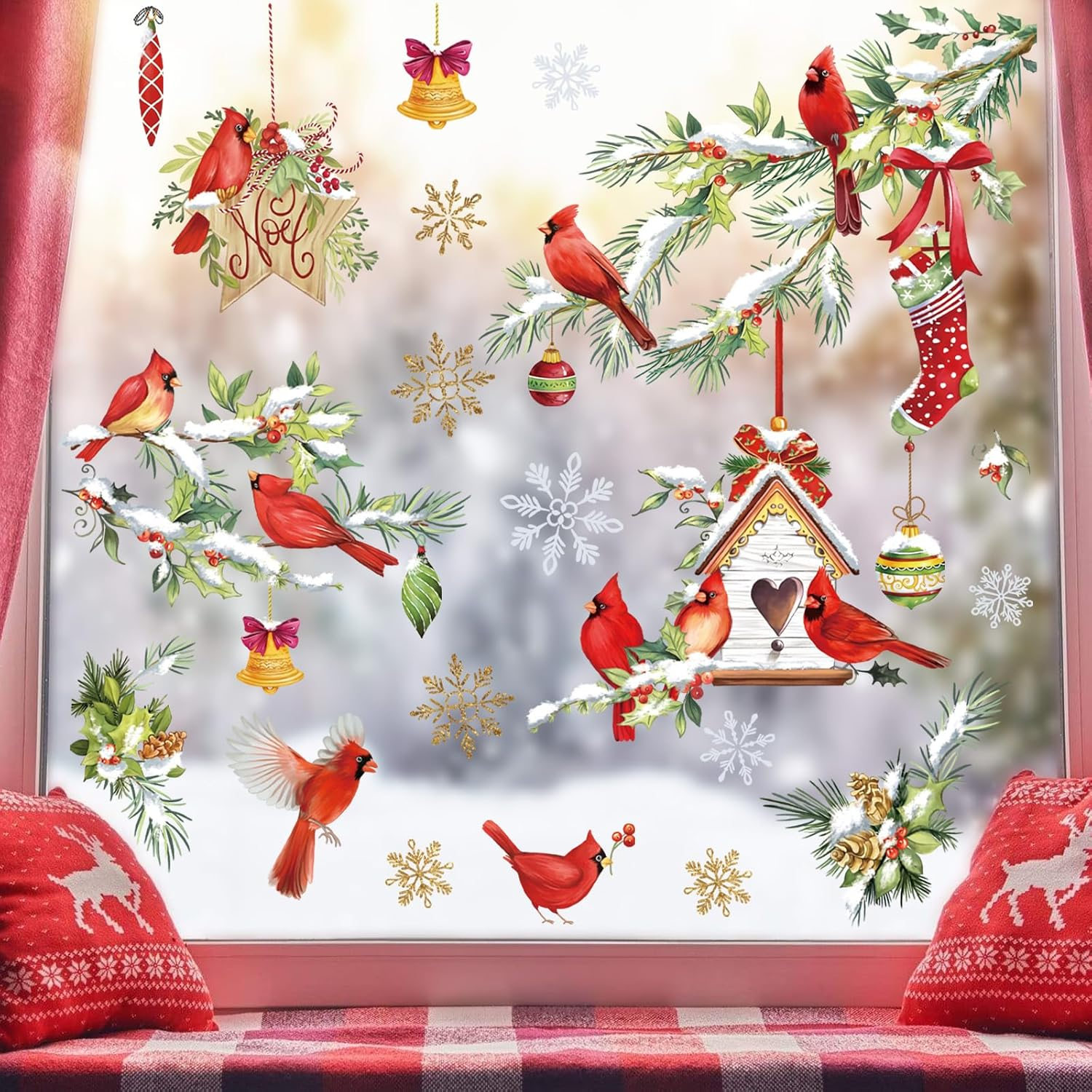 Wondever Red Birds Tree Branch Window Clings Cardinal Glass Sticker Decal anti Collision Double-Side Static Window Decals for Home Glass
