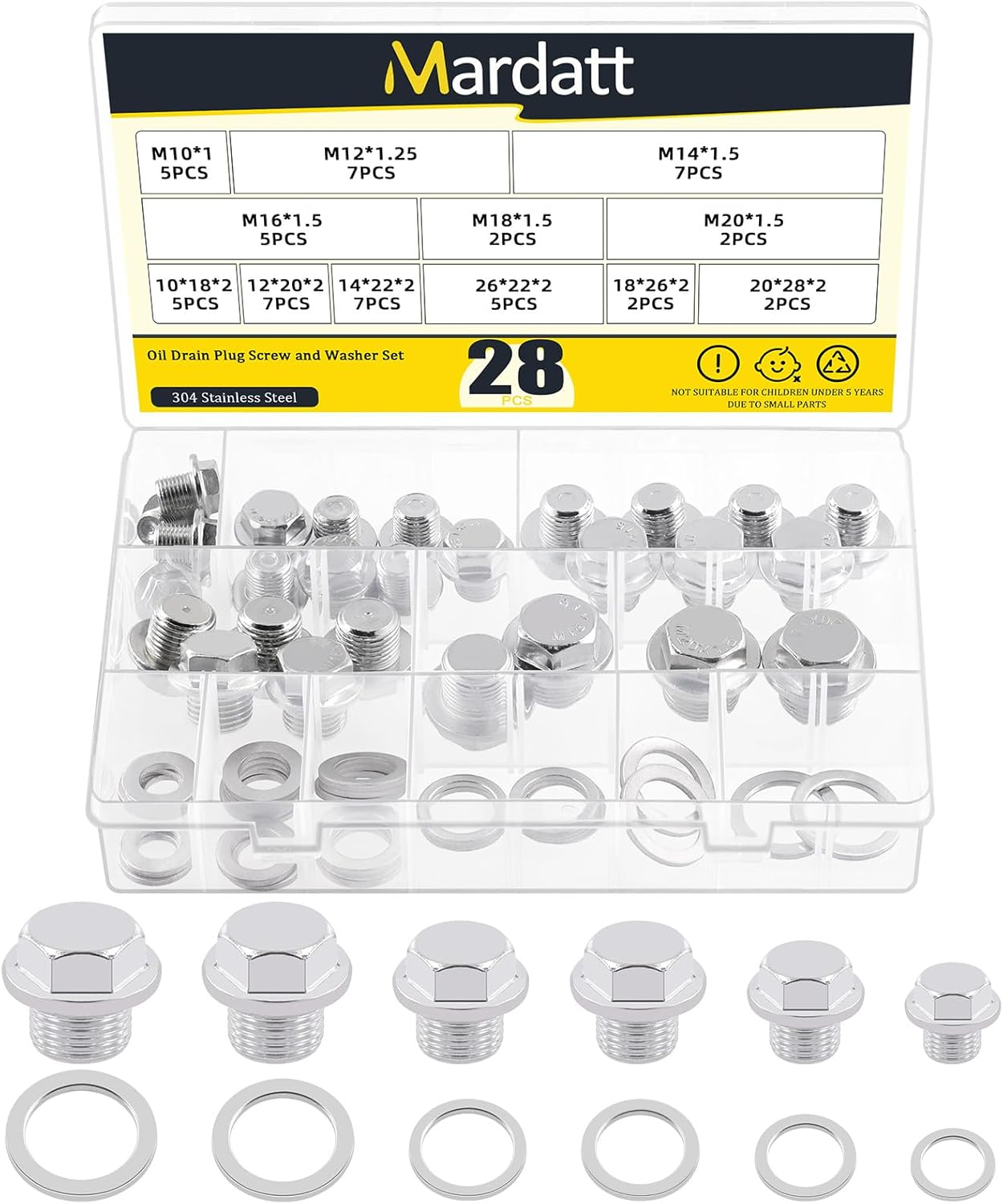 Mardatt 28 Sets Oil Drain Plug Assortment Kit, M10 M12 M14 M16 M18 M20 Steel Oil Drain Plugs with Aluminum Washer Gasket, Engine Oil Drain Plug Replacement Compatible with Honda, Hyundai, Toyota, Ford