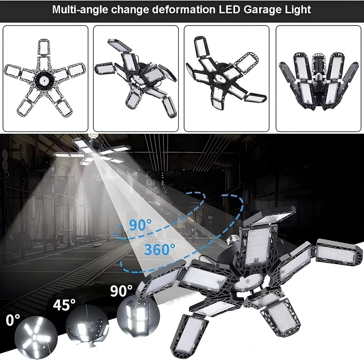 Deformable LED Garage Light - 18000 Lumen 6500K Daylight 180W, Three Leaf Garage Organization Ceiling Lighting image number 1