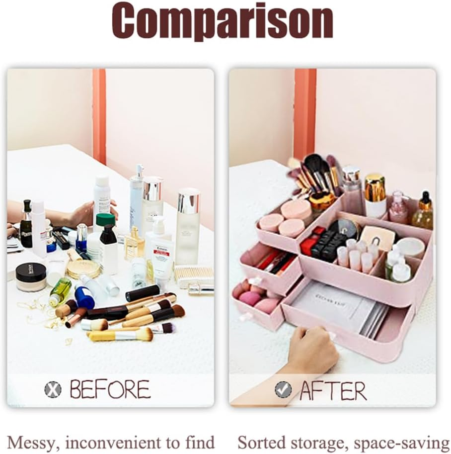 FOREVERIE Makeup Organisers Drawers, Plastic Cosmetic Case Storage, 3 Tier Desk Organiser Display, Jewellery Organiser Box for Bathroom, Bedroom and Home Office, Pink