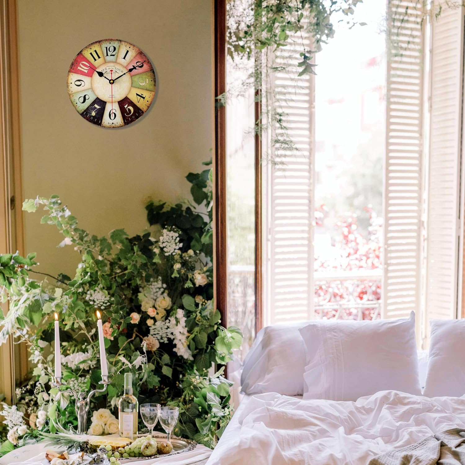 Qukueoy 12 Inch Thick Wood Kitchen Wall Clock Retro Farmhouse Clocks for Living Room Decor Bedroom Restaurant,Silent Battery Operated,Colorful Tuscan Country Style image number 4