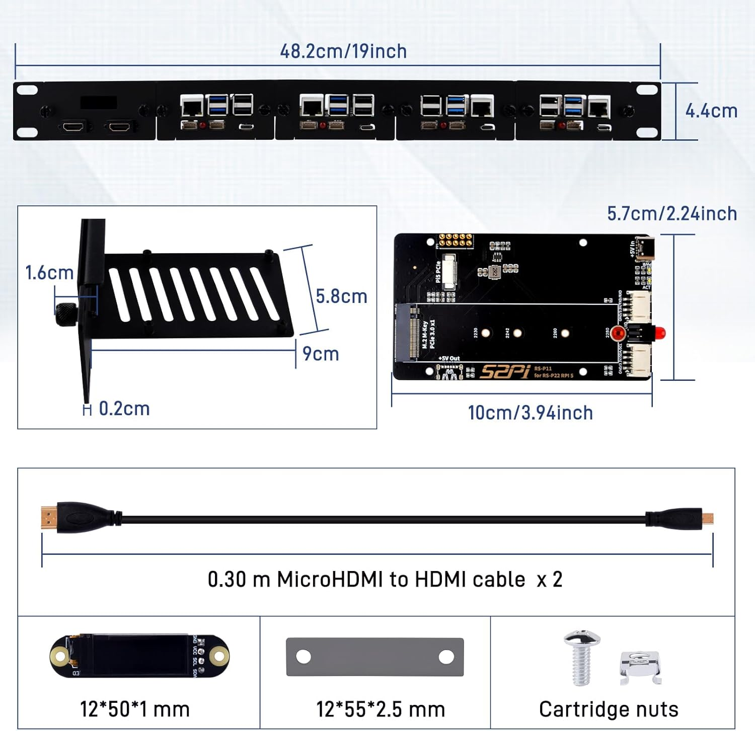 Geeekpi 1U Rack Mount for Raspberry Pi 5, with 4PCS Pcie to M.2 Nvme SSD Adapters and OLED Display, Compatible with 19 Inch Server Rack