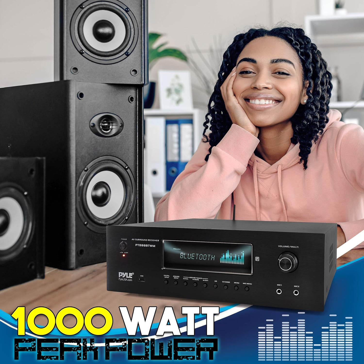 1000W Bluetooth Home Theater Karaoke Receiver - 5.2-Ch Stereo Amplifier 2 UHF Wireless Microphone Video Pass-Through Supports, MP3/USB/HDMI/AM/FM Radio - Pyle PT888BTWM, Black