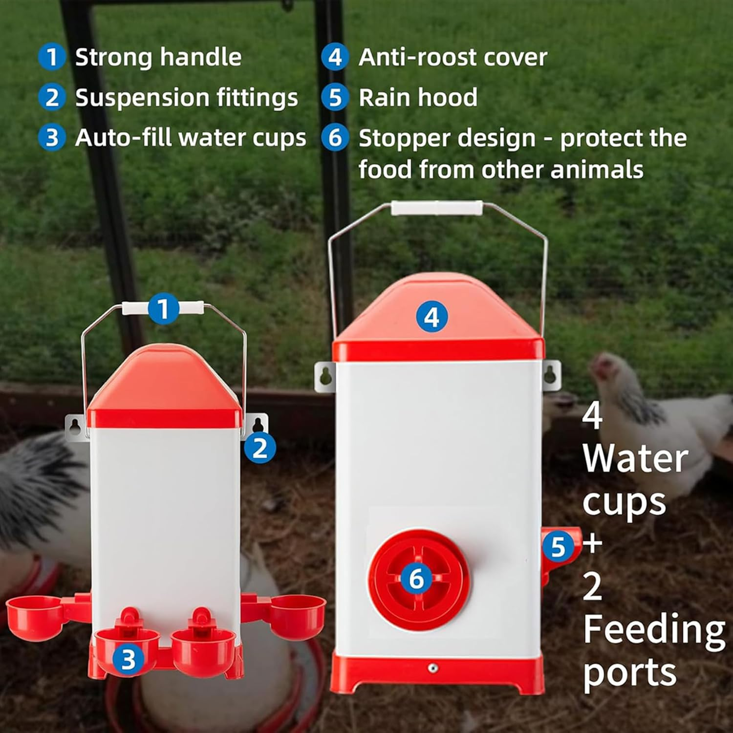 CLOUDSEASON Chicken Feeder and Waterer Set 8Kg Auto Chicken Feeders and 4L Poultry Waterers 4 Auto-Fill Water Cups and 2 Feeding Ports with Rain Hood image number 3