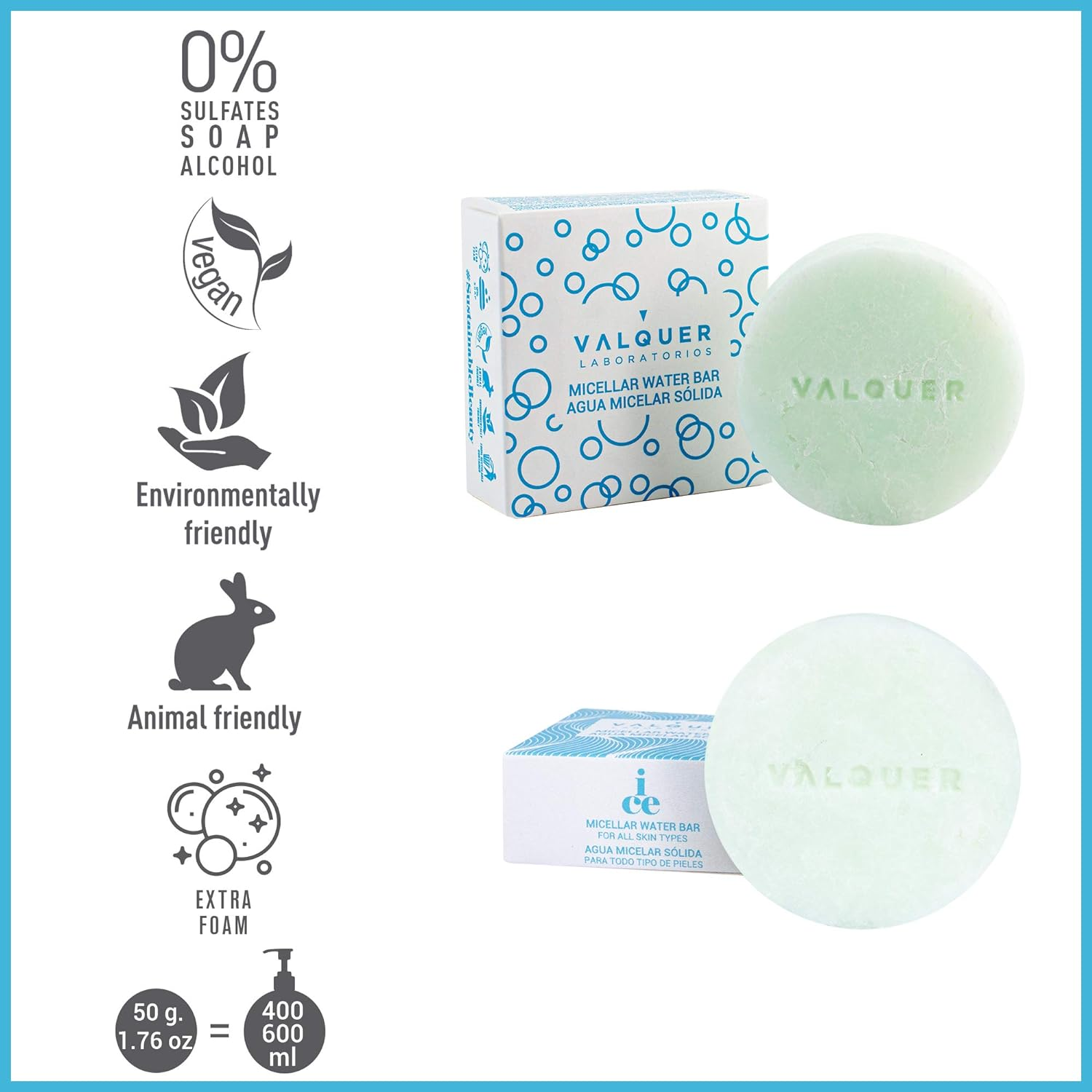 Valquer Solid Micellar Water. Soap Free, No Plastics, Organic and Natural Facial Cleanser 50 G (All Skin Types) image number 5