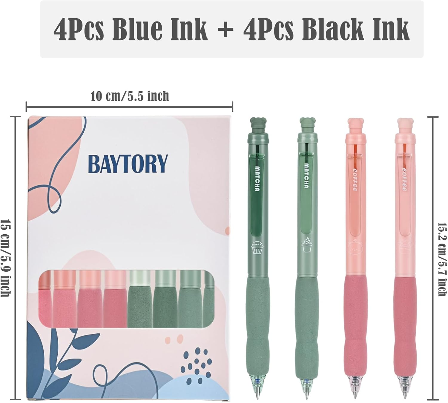 BAYTORY 8Pcs Retractable Erasable Gel Pens, 4 Blue & 4 Black Ink 0.5 Mm Fine Point with Cute Eraser, Smooth Write Quick Dry School Office Note Taking Journaling Supplies (Pink & Green) - Green image number 6