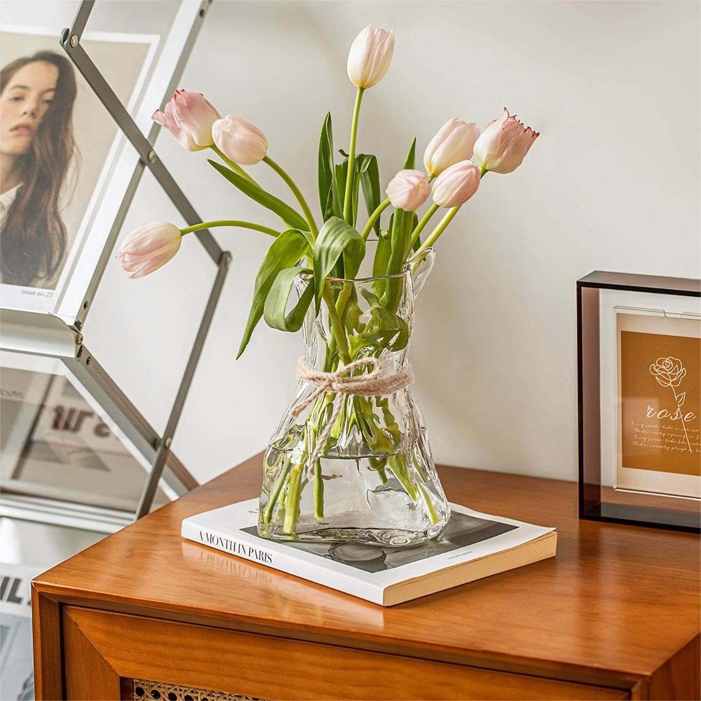 6 Inch Small Glass Flower Vase, Irregular Clear Flower Vases for Centerpiece Table Indoor Desk Decor, Modern Art Decorative Vase for Home Office Wedding Bookshelf Housewarming Gift - Clear image number 3