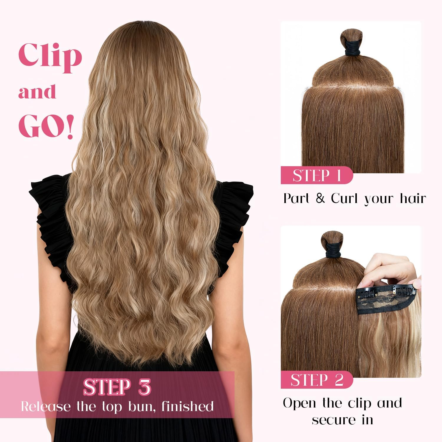 Hairro Clip in Hair Extensions, 20 Inch Long Wavy Hairpieces, Natural & Soft, 4PCS Black Mixed Light Brown Hair Extensions, 200G - Light Brown Mixed Blonde image number 3