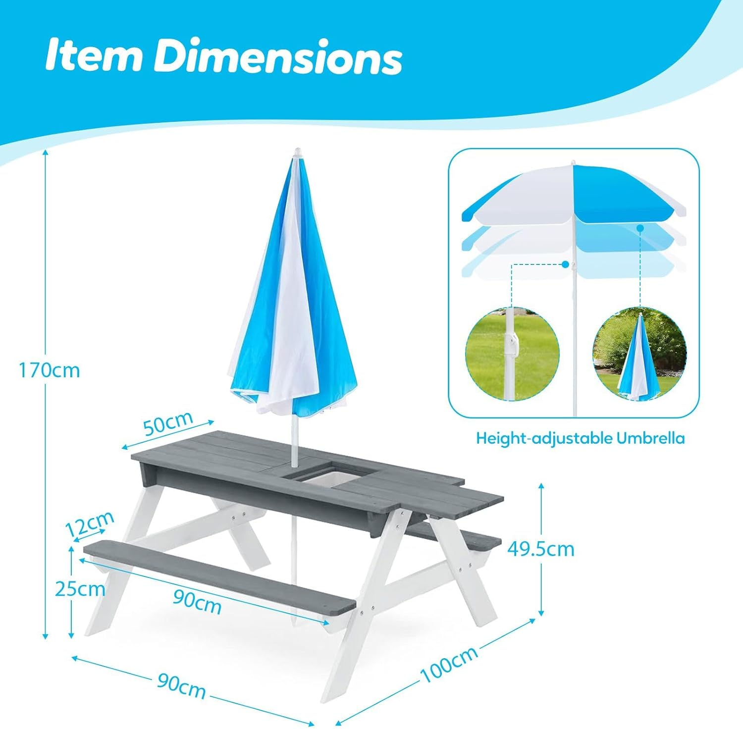 Kids Sand Water Table Chairs Set 3In1 Childs Outdoor Activity Desk Bench Childrens Picnic Craft Furniture Wooden Sensory Play Centre with Umbrella image number 6