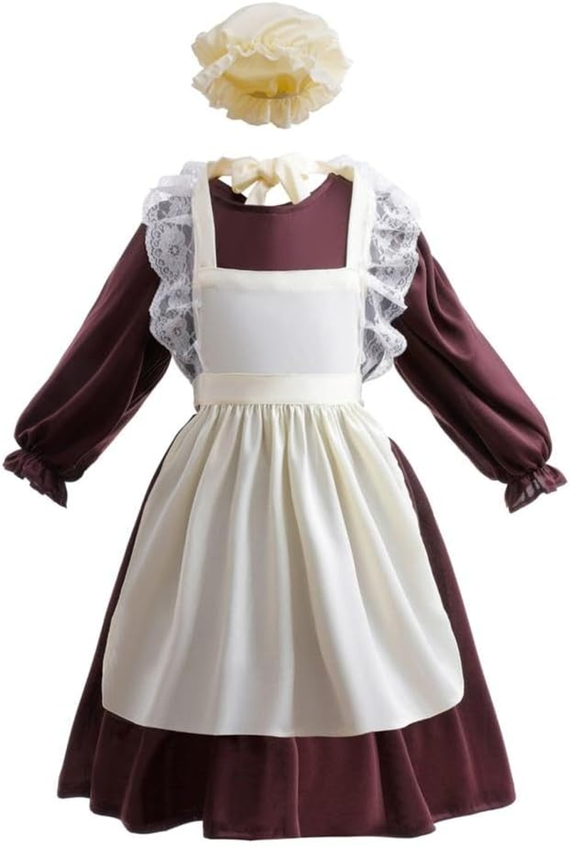 Dressy Daisy Pioneer Colonial Prairie Maid Dress Costume Clothing with Apron and Bonnet Mob Cap for Toddler Little Girls, Brown image number 6