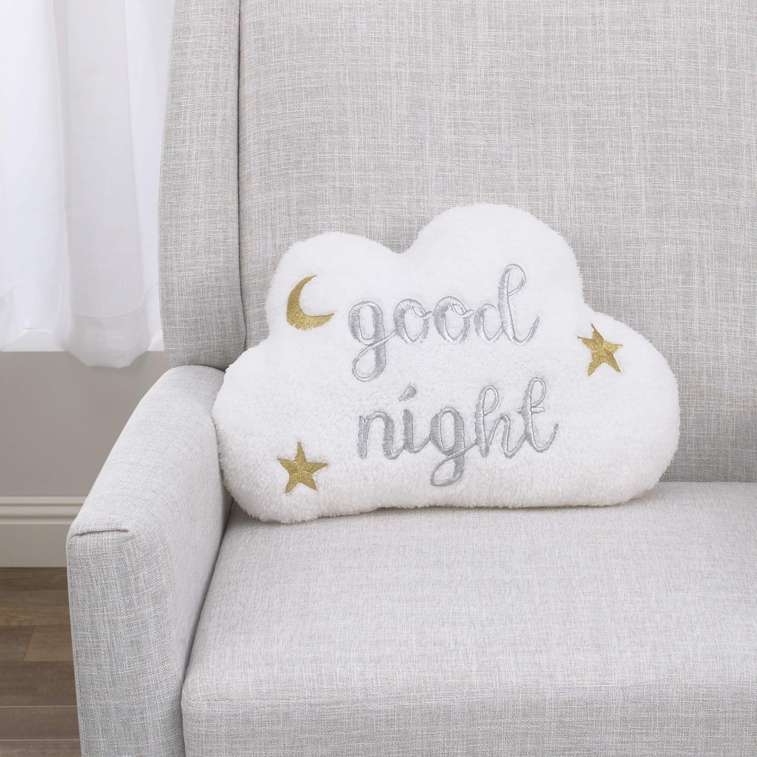 Nojo White Cloud with Gold & Silver Embroidery Good Night Decorative Pillow with Moon & Stars, White, Silver, Gold (2609723P) image number 5