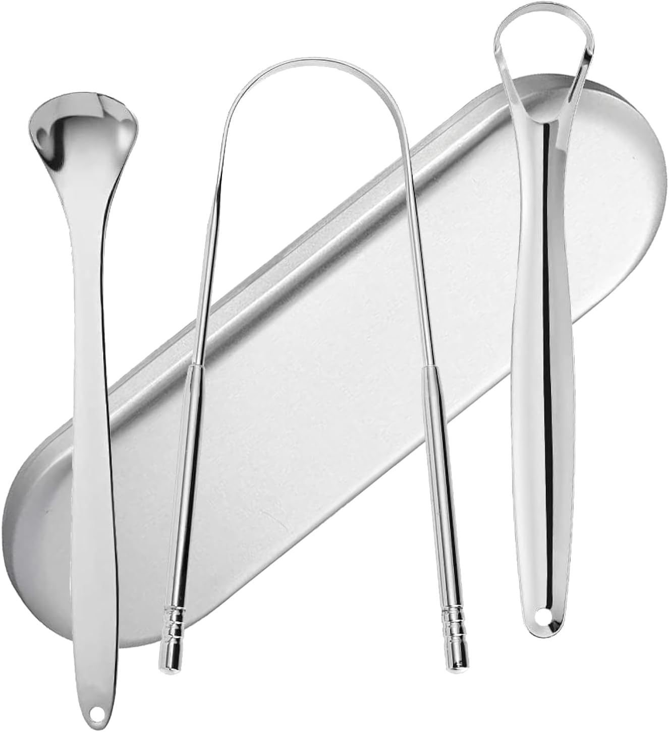 3 Pcs Stainless Steel Tongue Scraper, Metal Tongue Cleaning Tools for Oral Hygiene, Fresh Breath and Bad Breath Treatment, Reusable Tongue Care for Adults and Kids, with Storage Box - Silver