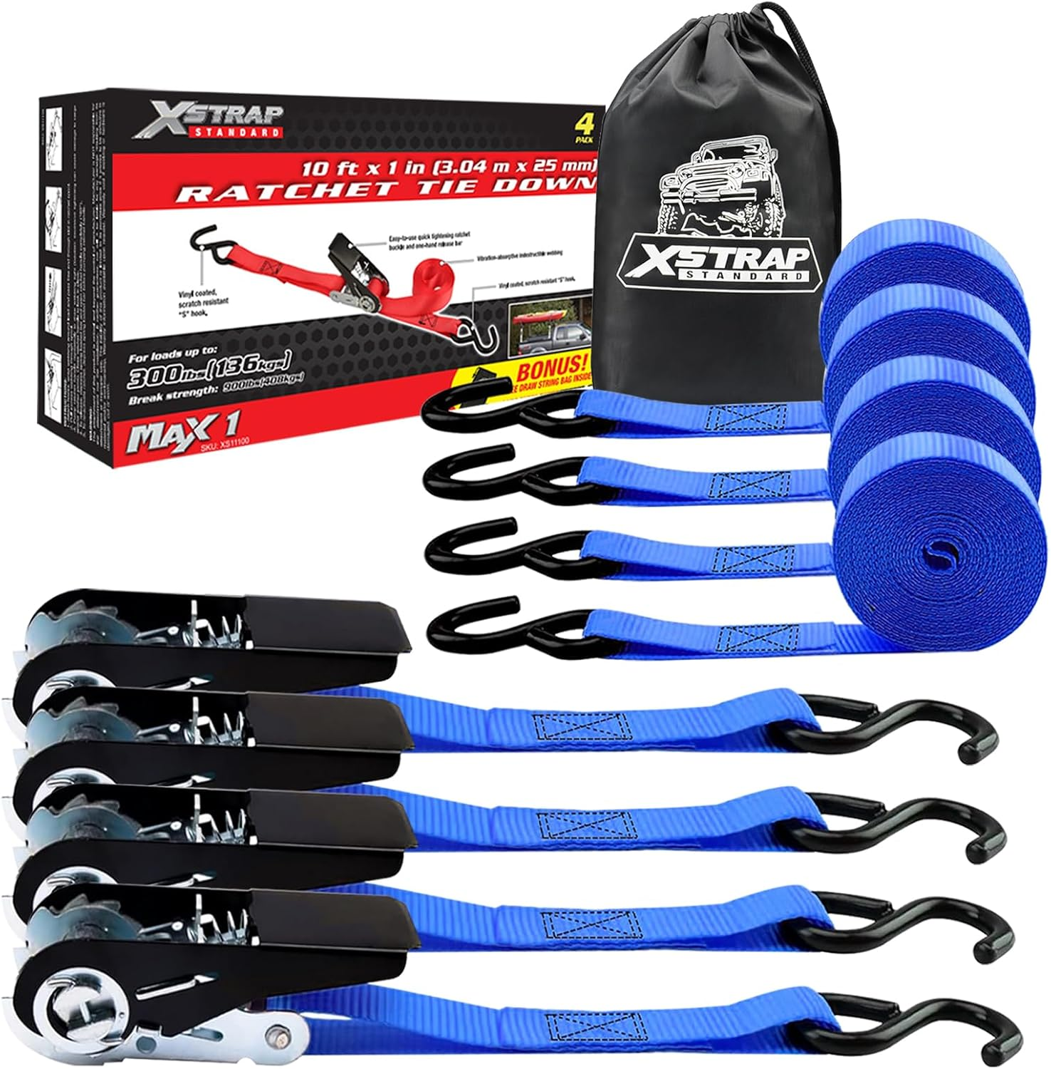 XSTRAP Standard Ratchet Tie down Straps 4PK 10 Ft- 300 Lbs Load Cap- 900 Lbs Break Strength-Cargo Straps for Moving Appliances, Lawn Equipment, Motorcycle Orange