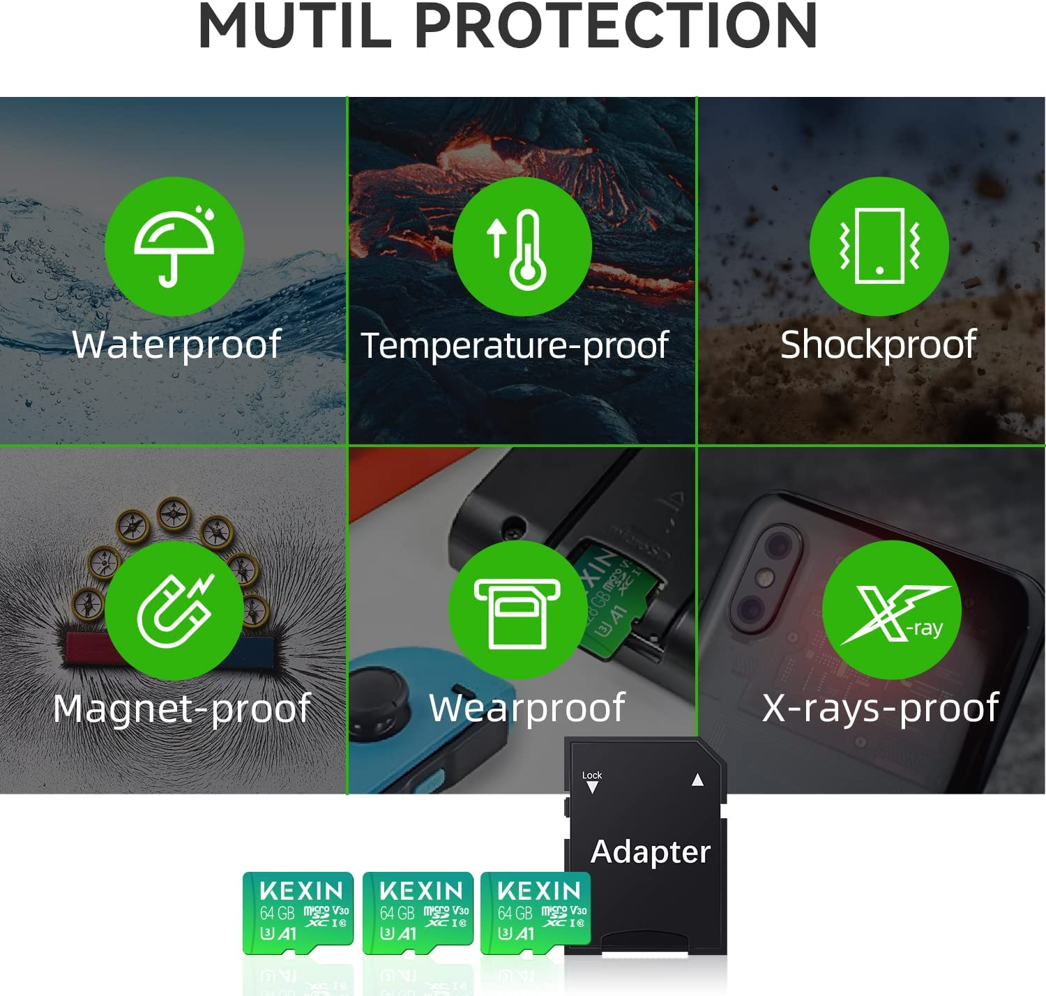 KEXIN Micro SD Card 64GB + SD Adapter Micro SDXC Memory Card Micro SD Card C10, U3, A1, V30 SD Card Memory Card TF Card for Switch, Tablet, Camera, Drone, Mobile Phone, Home Monitor Green Pack of 3 image number 4